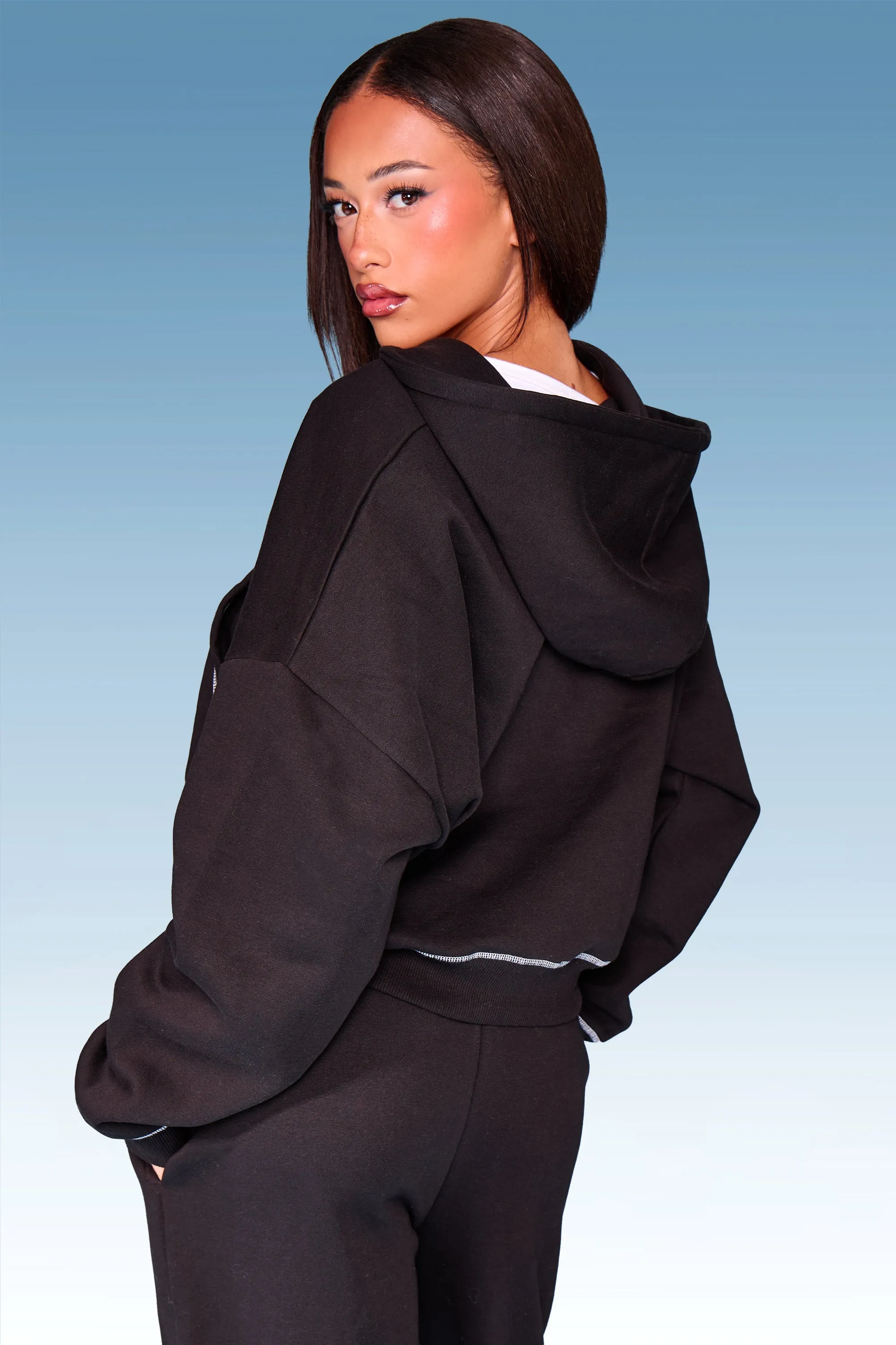 Kaiia Script Contrast Stitch Oversized Zip Through Hoodie Black & White sold by Kaiia the label product image thumbnail 4