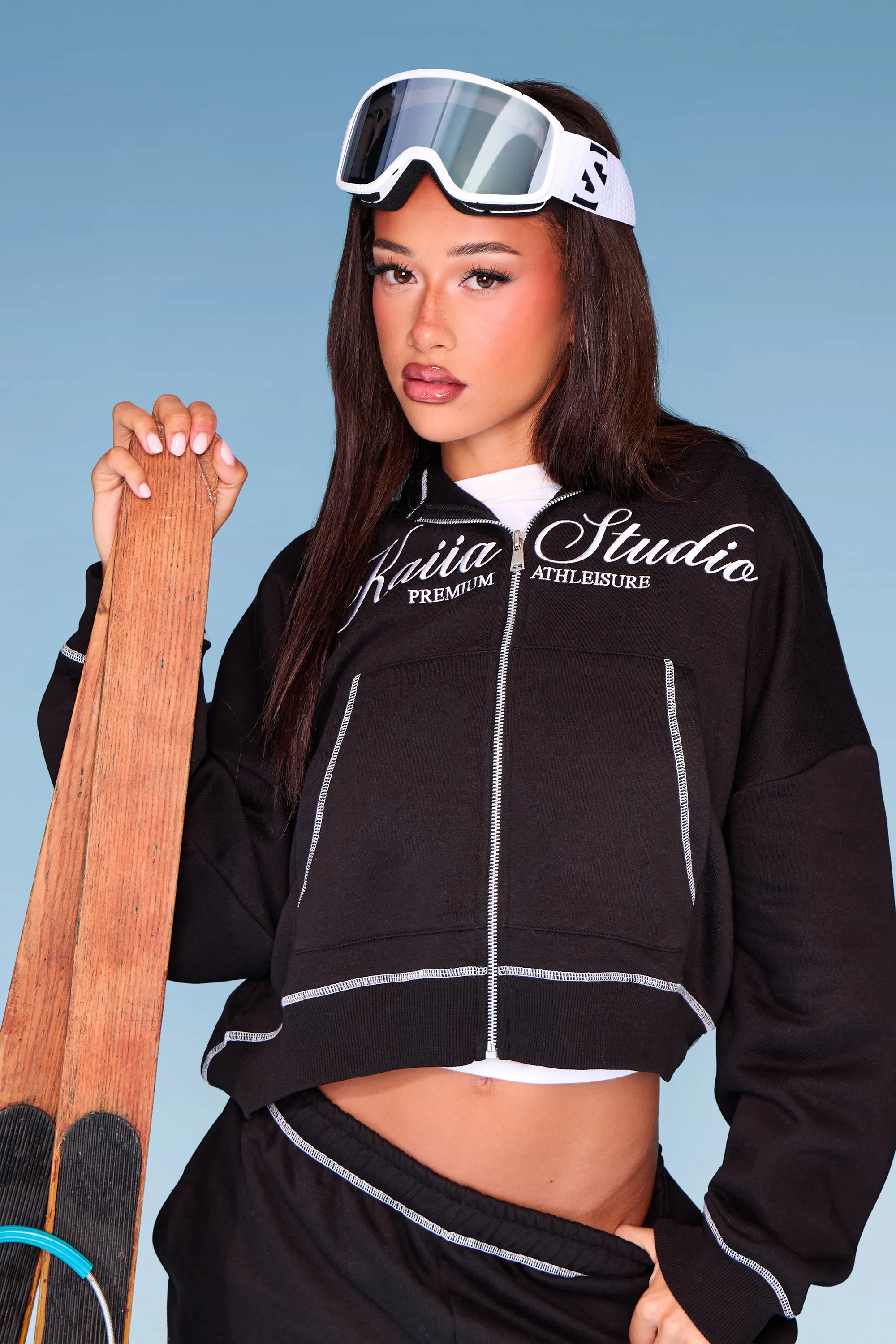 Kaiia Script Contrast Stitch Oversized Zip Through Hoodie Black & White sold by Kaiia the label