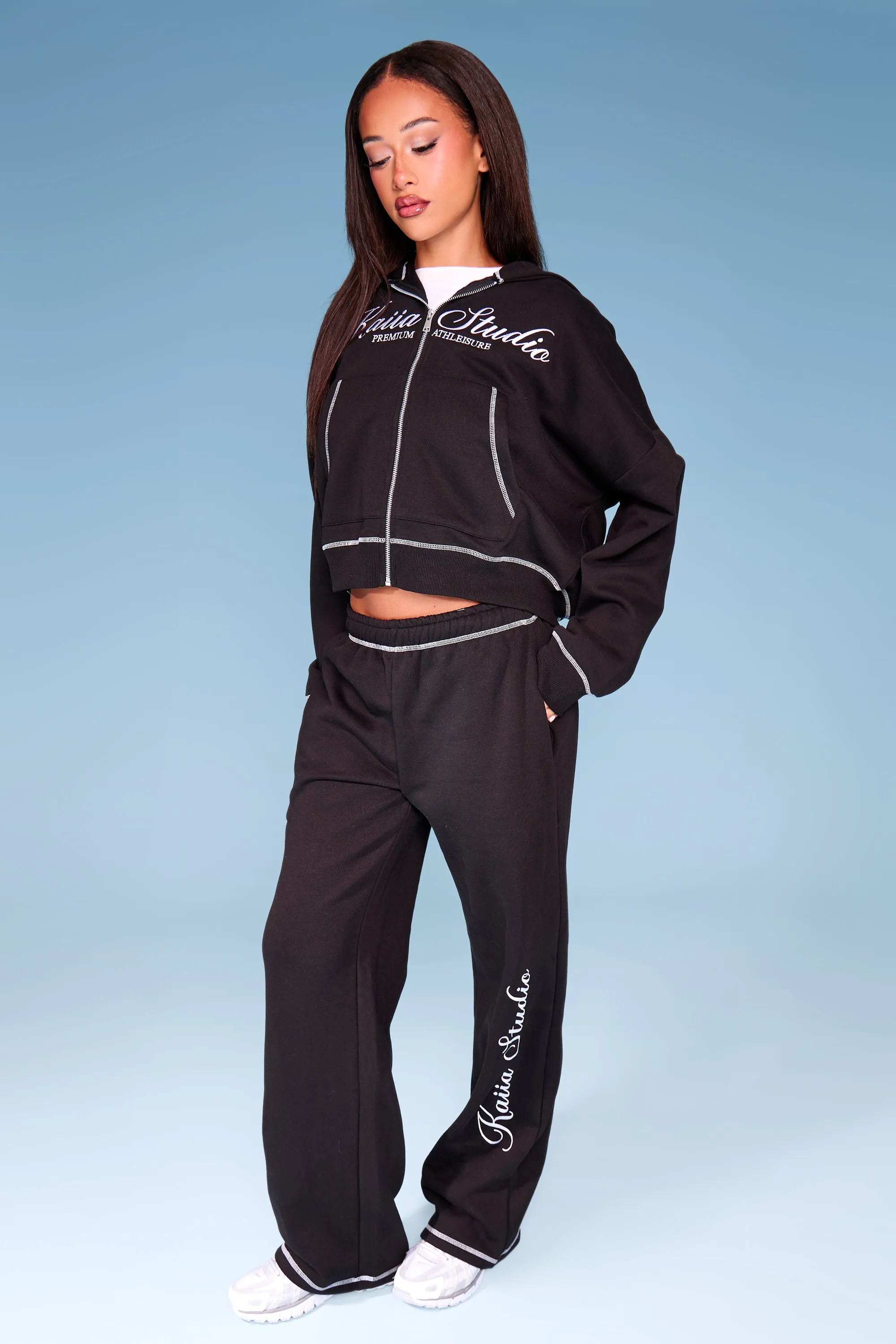 Kaiia Script Contrast Stitch Oversized Zip Through Hoodie Black & White sold by Kaiia the label product image thumbnail 3