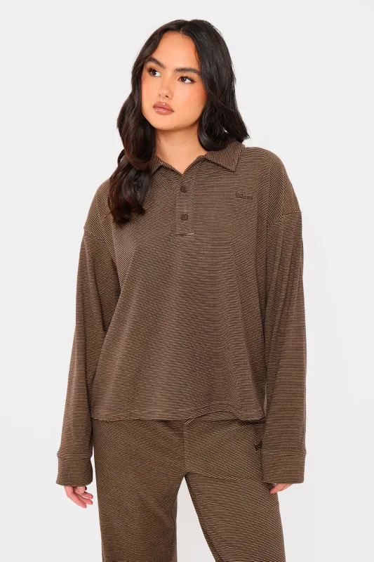 Kaiia Striped Fleece Oversized Button Detail Collared Sweatshirt Dark Chocolate & Lemon made by Kaiia the label
