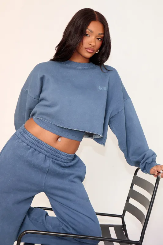 Kaiia Cropped Raw Hem Sweatshirt Washed Petrol made by Kaiia the label
