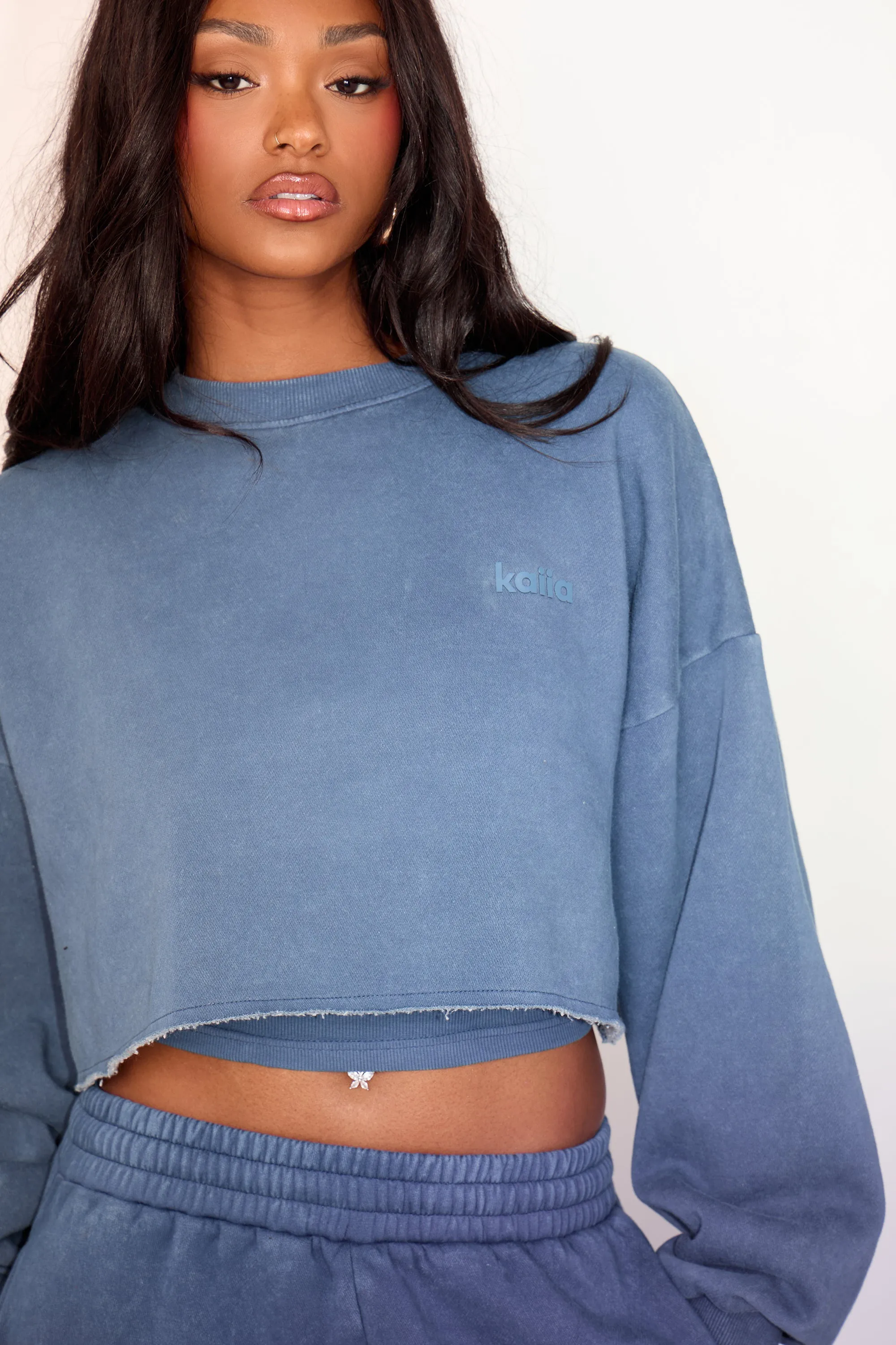 Kaiia Cropped Raw Hem Sweatshirt Washed Petrol sold by Kaiia the label product image thumbnail 2