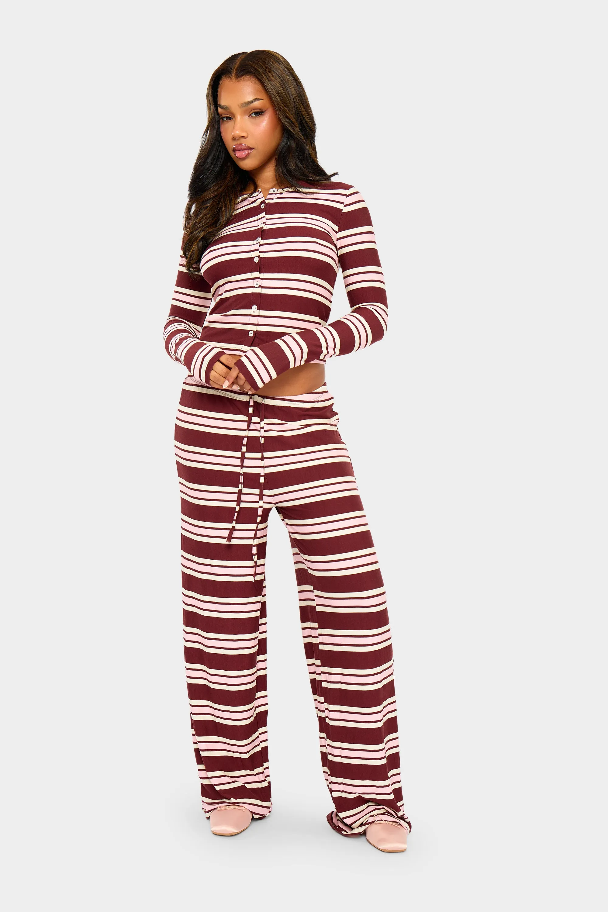 Kaiia Striped Button Up Long Sleeve Crop Top Burgundy & Pink sold by Kaiia the label product image thumbnail 3