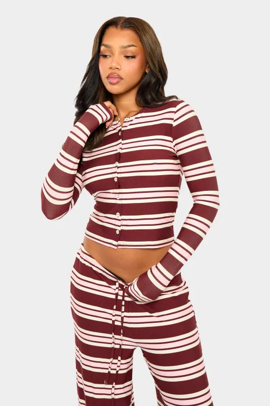 Kaiia Striped Button Up Long Sleeve Crop Top Burgundy & Pink made by Kaiia the label