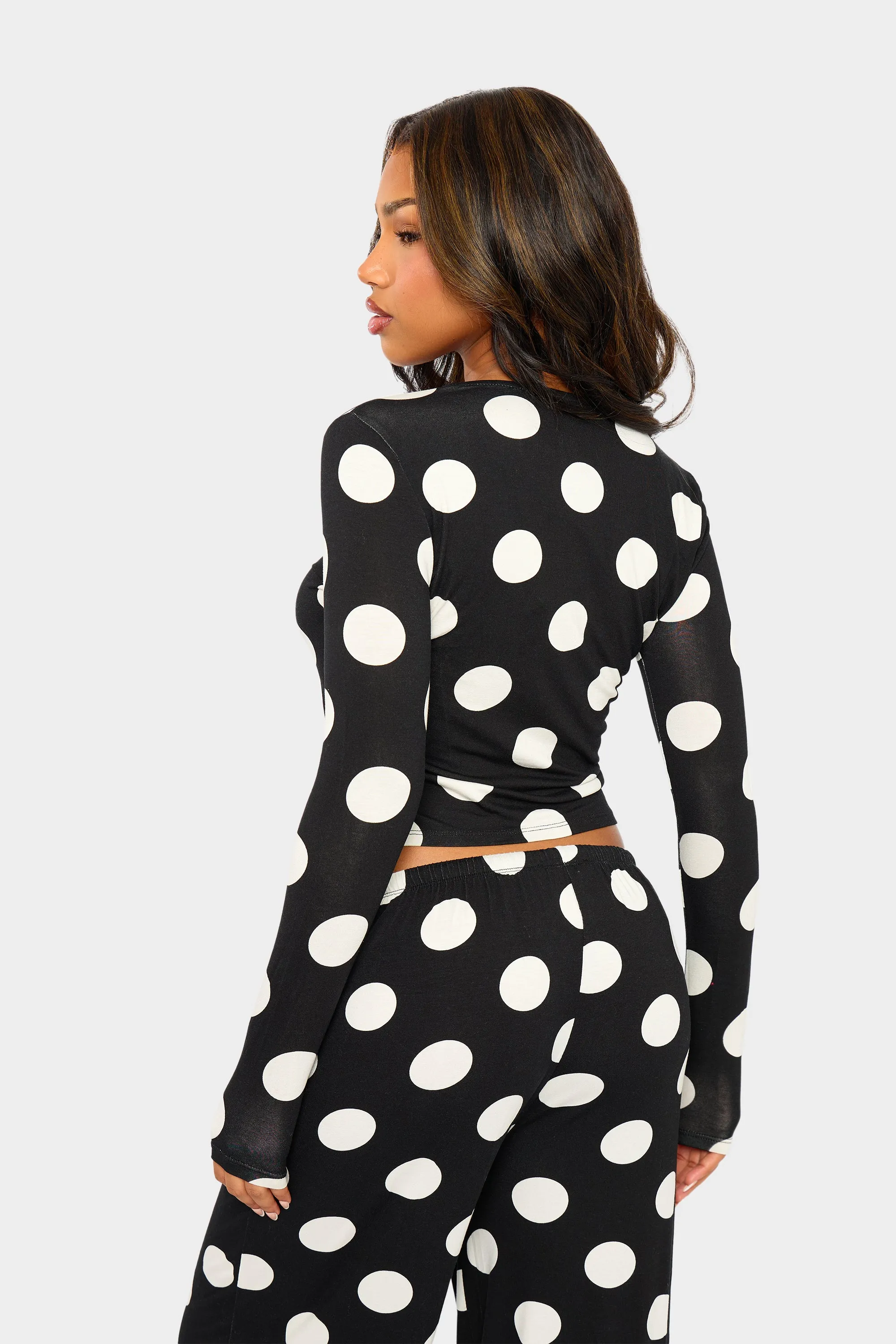 Kaiia Large Polka Dot Button Up Long Sleeve Crop Top Black & Cream sold by Kaiia the label product image thumbnail 4