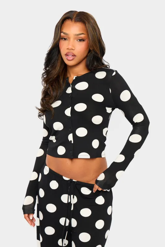 Kaiia Large Polka Dot Button Up Long Sleeve Crop Top Black & Cream made by Kaiia the label
