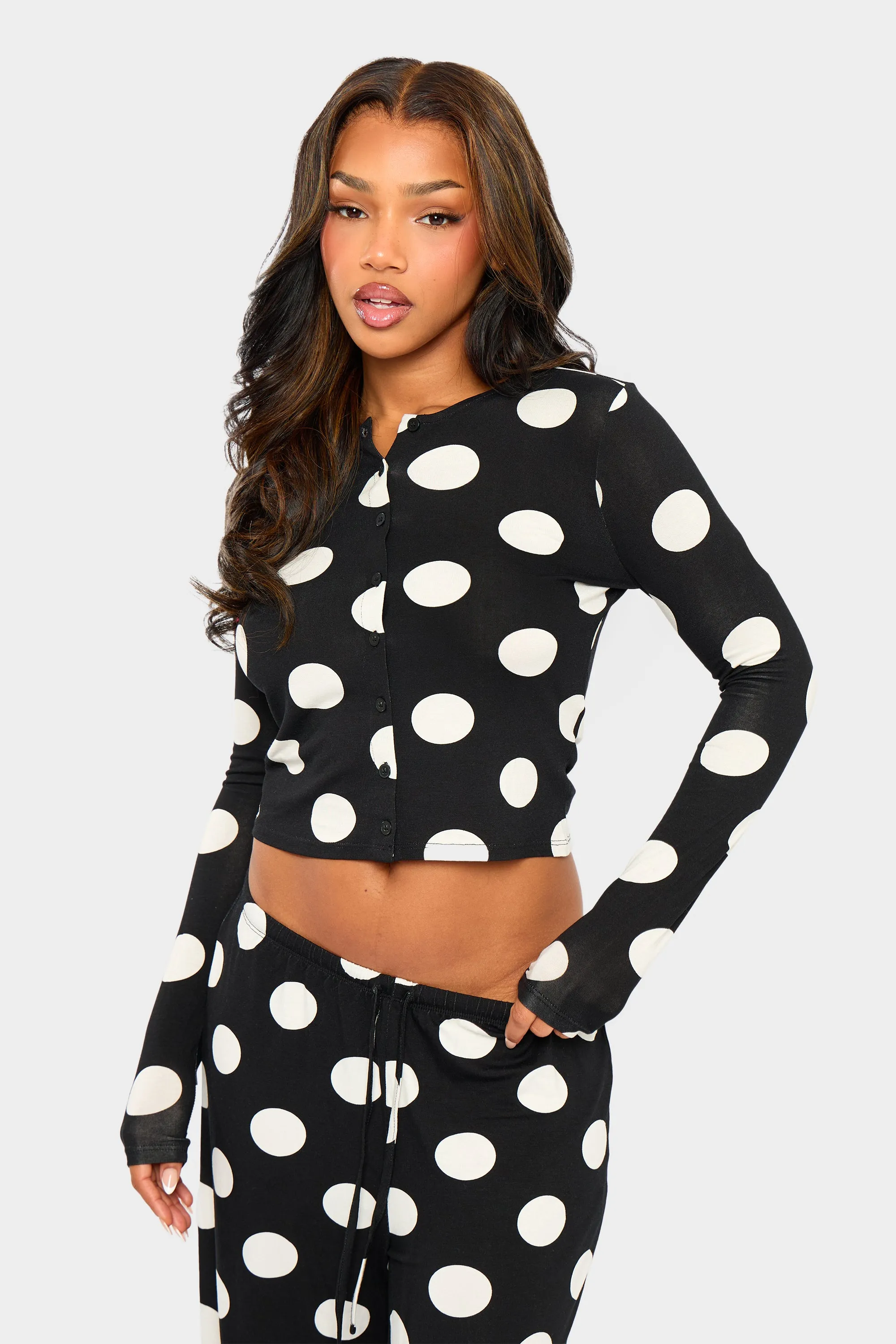 Kaiia Large Polka Dot Button Up Long Sleeve Crop Top Black & Cream sold by Kaiia the label