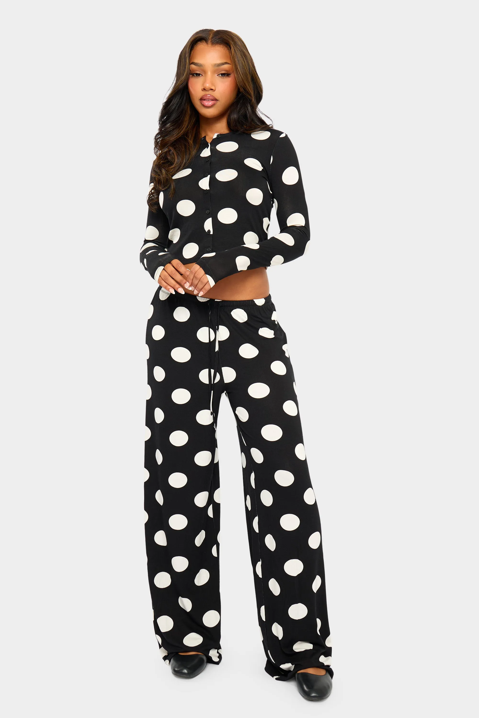 Kaiia Large Polka Dot Button Up Long Sleeve Crop Top Black & Cream sold by Kaiia the label product image thumbnail 3