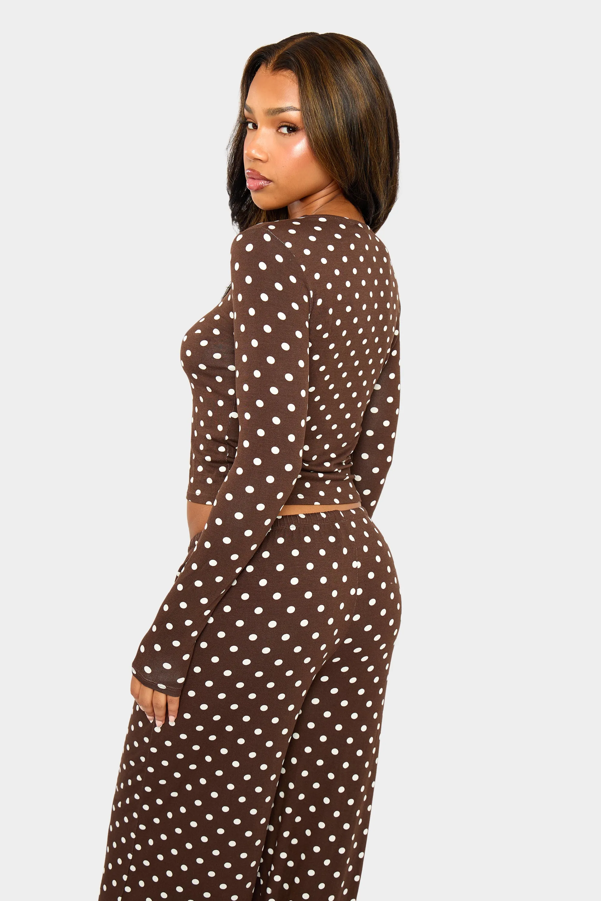 Kaiia Polka Dot Button Up Long Sleeve Crop Top Brown & Cream sold by Kaiia the label product image thumbnail 4