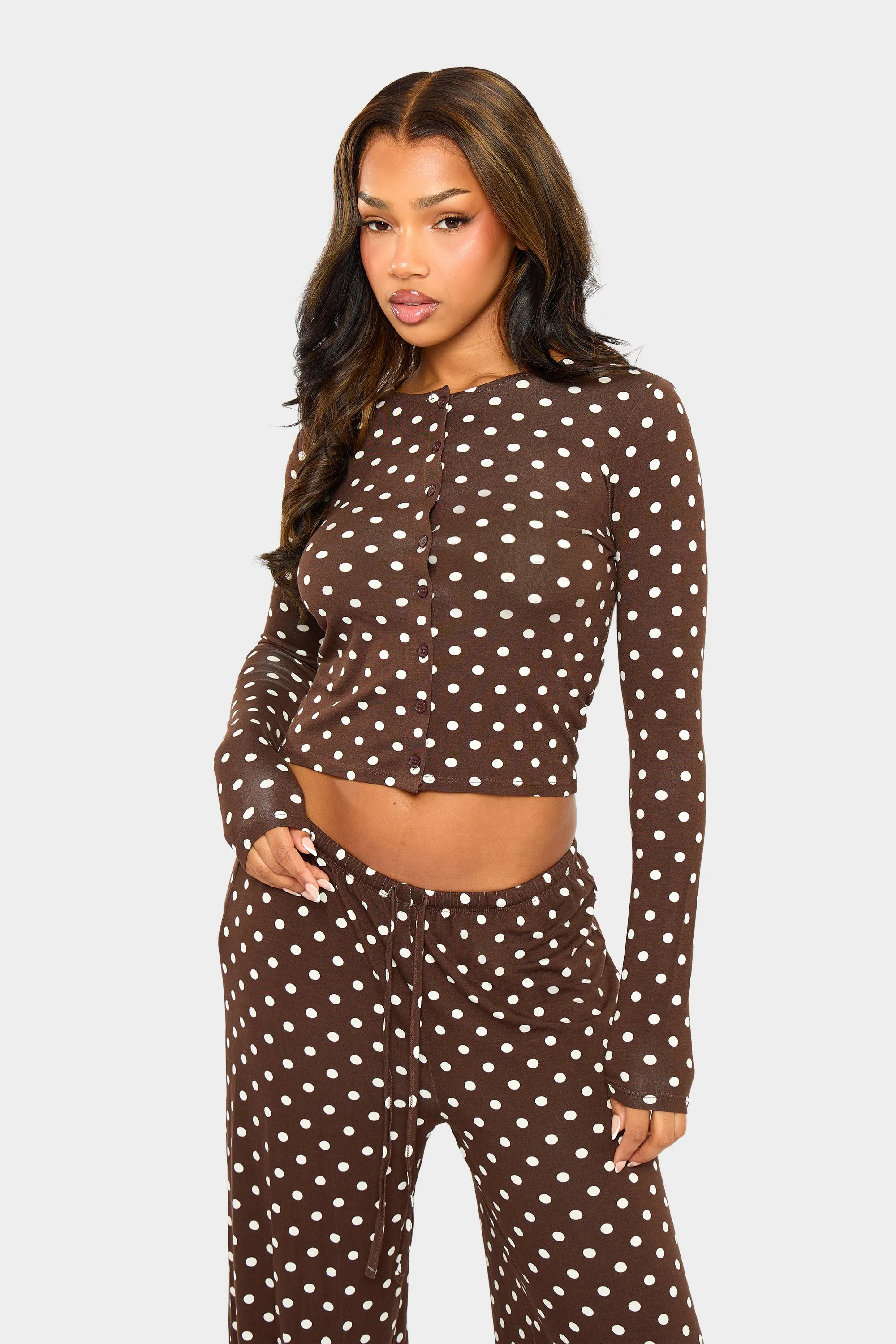 Kaiia Polka Dot Button Up Long Sleeve Crop Top Brown & Cream sold by Kaiia the label