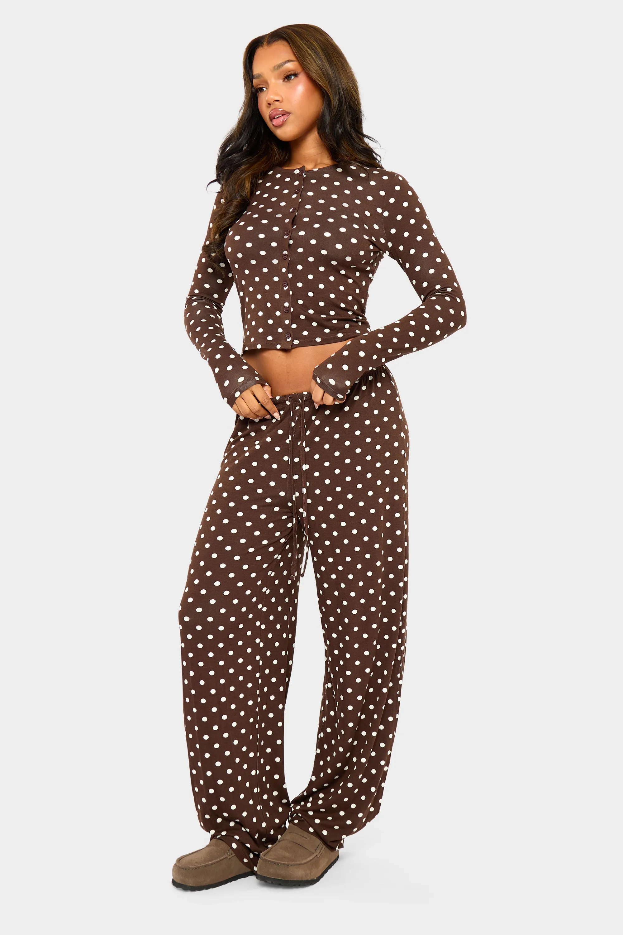 Kaiia Polka Dot Button Up Long Sleeve Crop Top Brown & Cream sold by Kaiia the label product image thumbnail 3