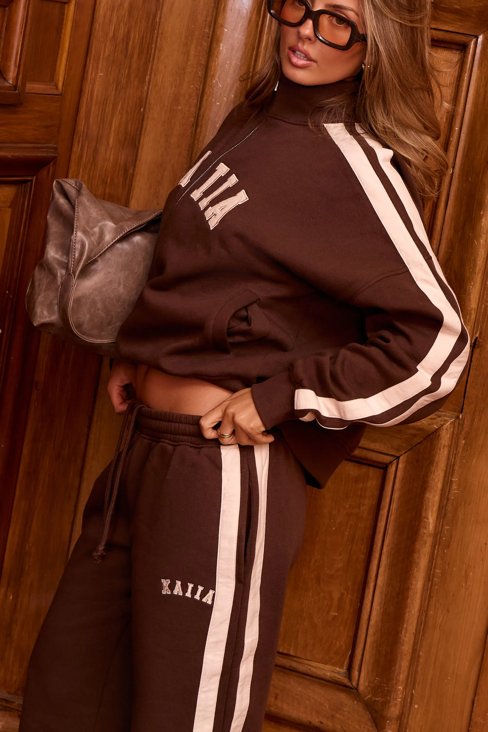 Kaiia Sport Stripe Wide Leg Joggers Bitter Chocolate & Cream sold by Kaiia the label product image thumbnail 2