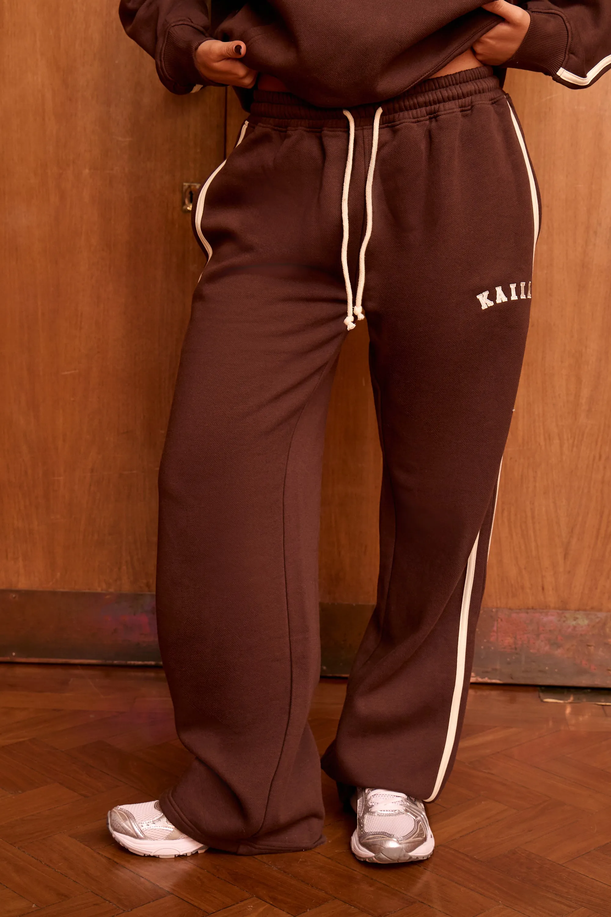 Kaiia Logo Side Stripe Wide Leg Joggers Bitter Chocolate & Lemon sold by Kaiia the label product image thumbnail 2