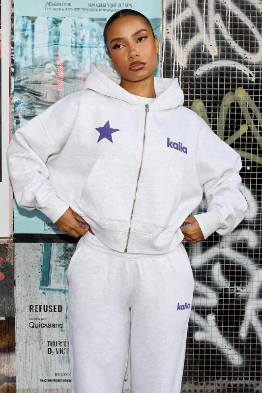 Kaiia Star Graphic Oversized Zip Through Hoodie Light Grey Marl & Royal Purple made by Kaiia the label