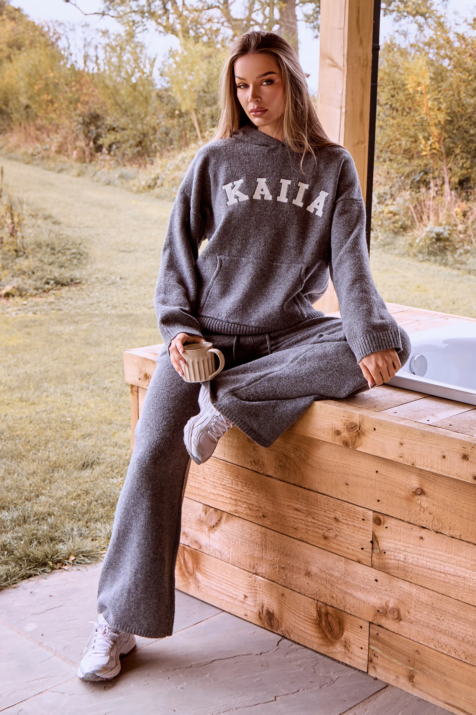 Kaiia Logo Knit Wide Leg Trousers Charcoal sold by Kaiia the label product image thumbnail 2