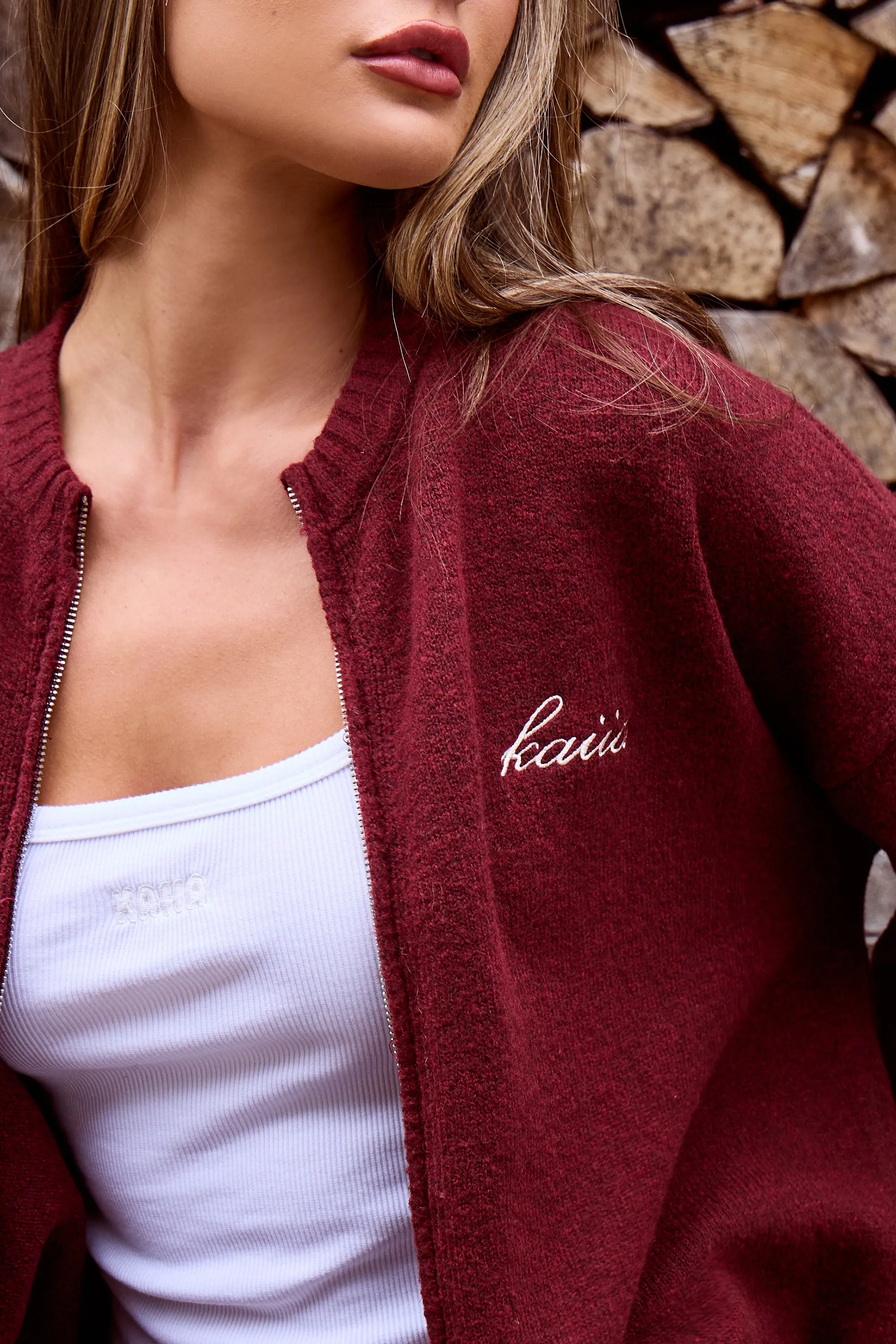 Kaiia Knit Zip Up Bomber Style Cardigan Burgundy sold by Kaiia the label product image thumbnail 2