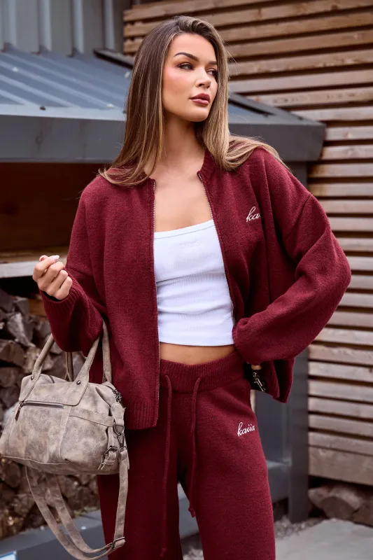 Kaiia Knit Zip Up Bomber Style Cardigan Burgundy made by Kaiia the label