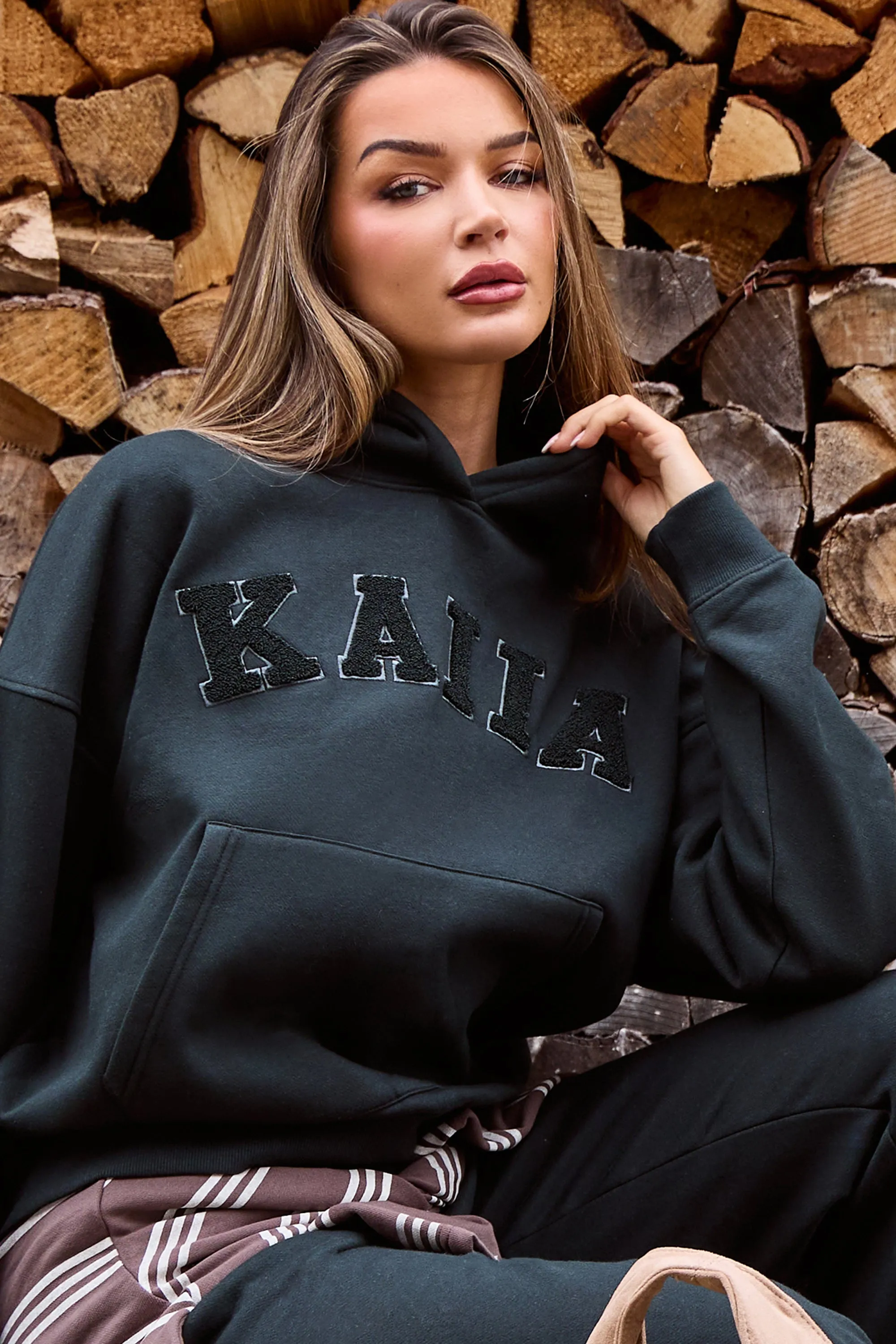 Kaiia Borg Slogan Oversized Hoodie Dark Pine Green sold by Kaiia the label product image thumbnail 2