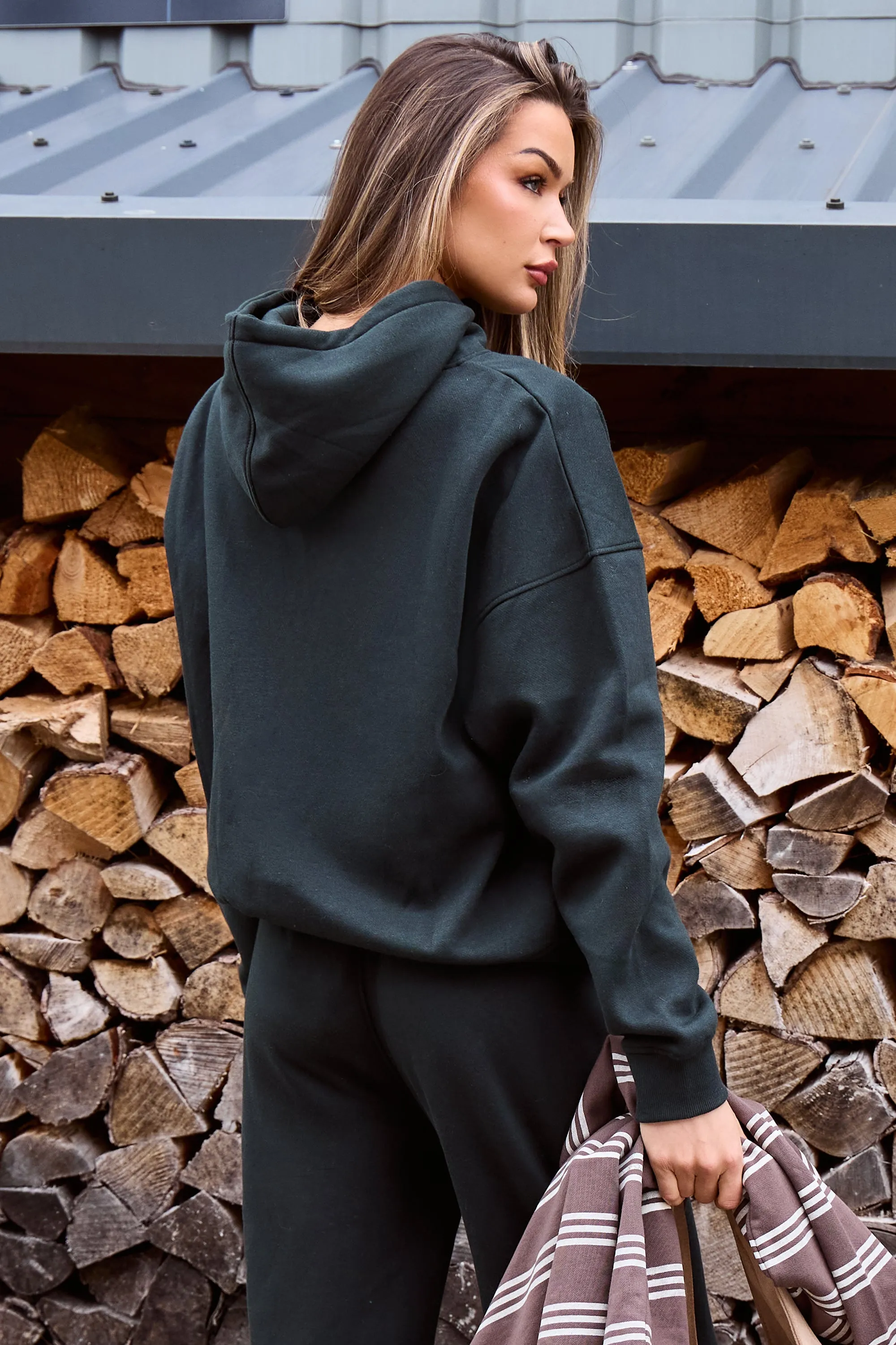 Kaiia Borg Slogan Oversized Hoodie Dark Pine Green sold by Kaiia the label product image thumbnail 3