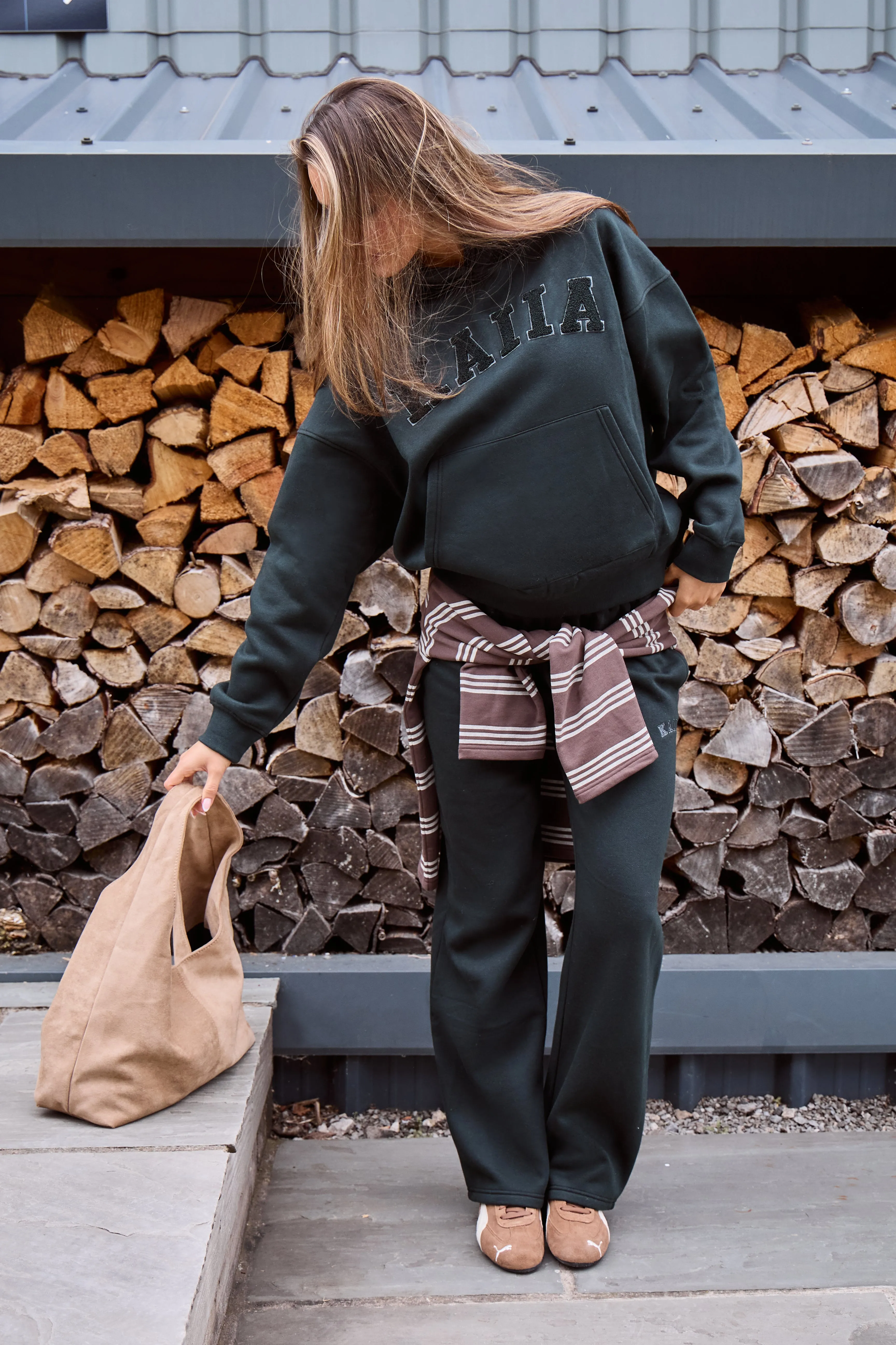 Kaiia Borg Slogan Oversized Hoodie Dark Pine Green sold by Kaiia the label product image thumbnail 4