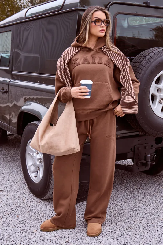 Kaiia Slogan Ribbed Waistband Straight Leg Joggers Coffee sold by Kaiia the label