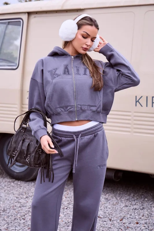 Kaiia Slogan Oversized Zip Through Hoodie Petrol Grey made by Kaiia the label