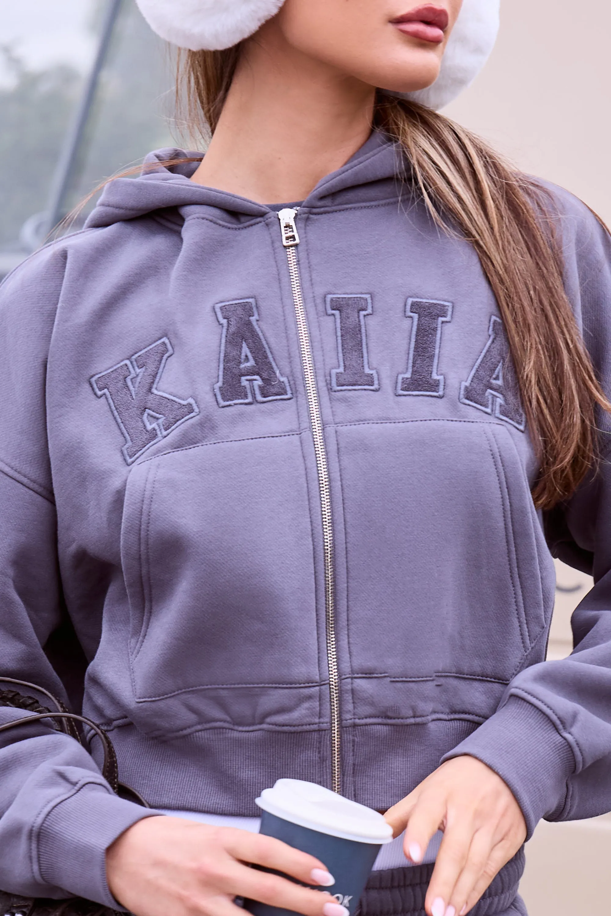Kaiia Slogan Oversized Zip Through Hoodie Petrol Grey sold by Kaiia the label product image thumbnail 2