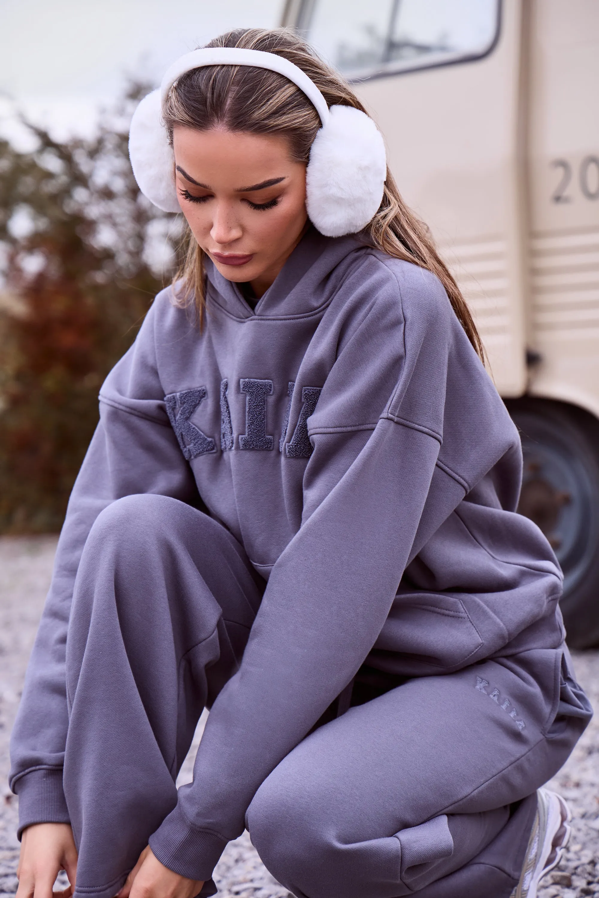 Kaiia Borg Slogan Oversized Hoodie Petrol Grey sold by Kaiia the label product image thumbnail 3