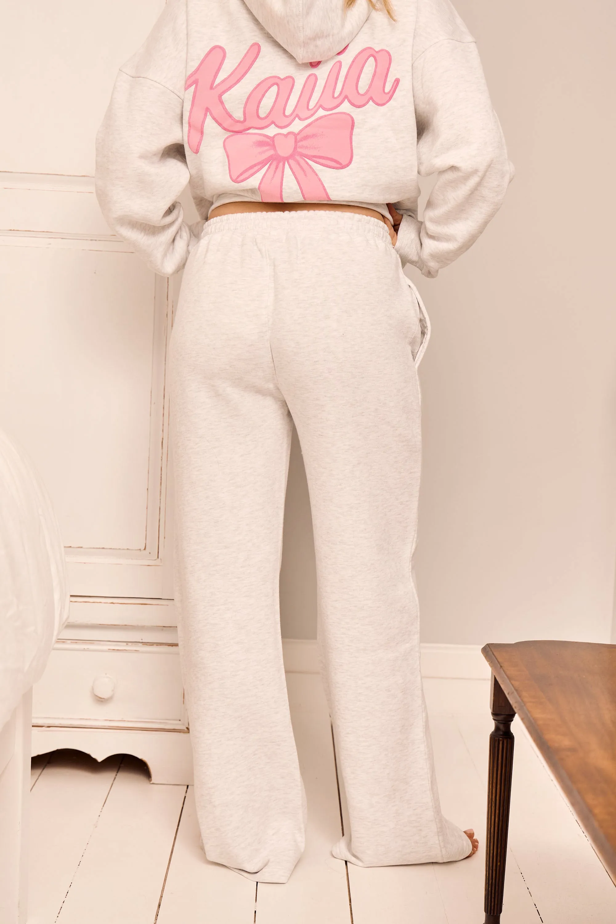 Kaiia Bow Graphic Wide Leg Joggers Light Grey Marl & Pink sold by Kaiia the label product image thumbnail 4