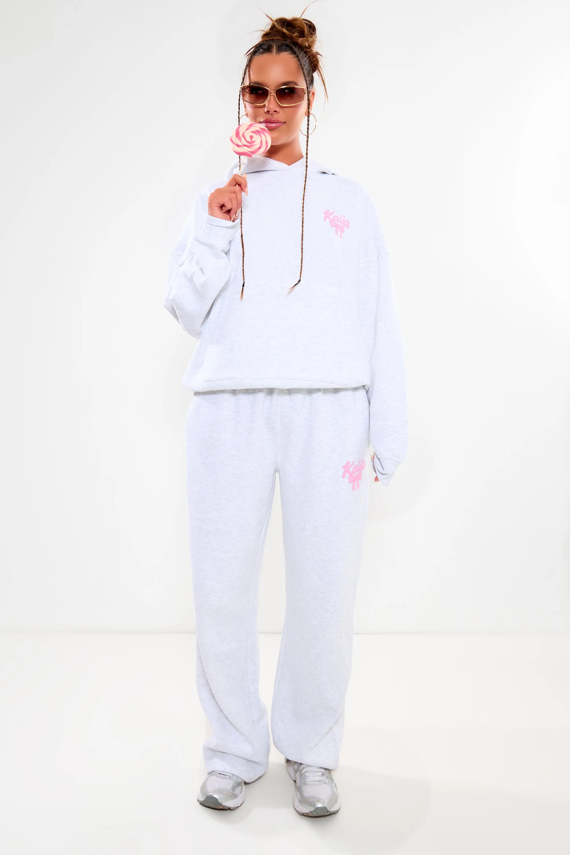 Kaiia Bow Graphic Wide Leg Joggers Light Grey Marl & Pink sold by Kaiia the label product image thumbnail 5