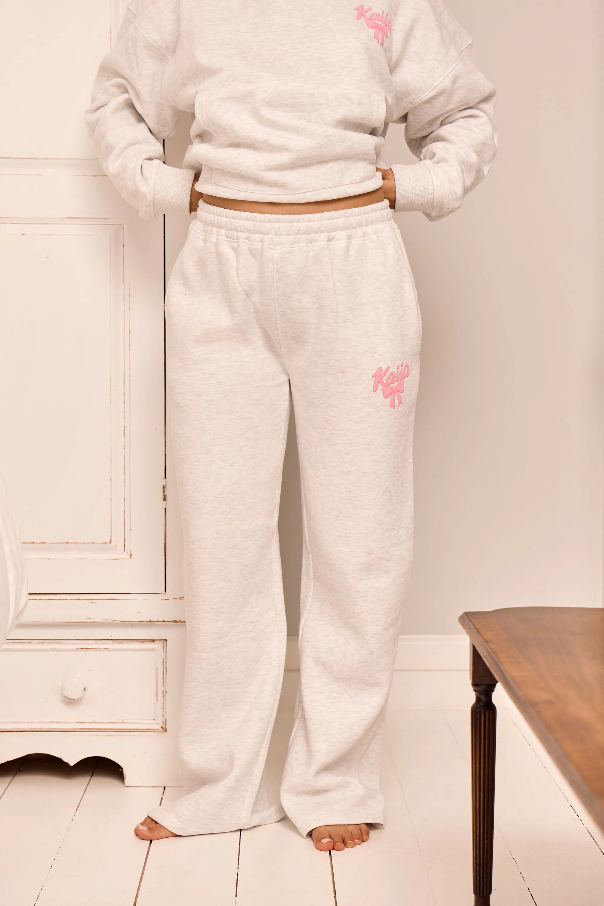 Kaiia Bow Graphic Wide Leg Joggers Light Grey Marl & Pink sold by Kaiia the label product image thumbnail 3