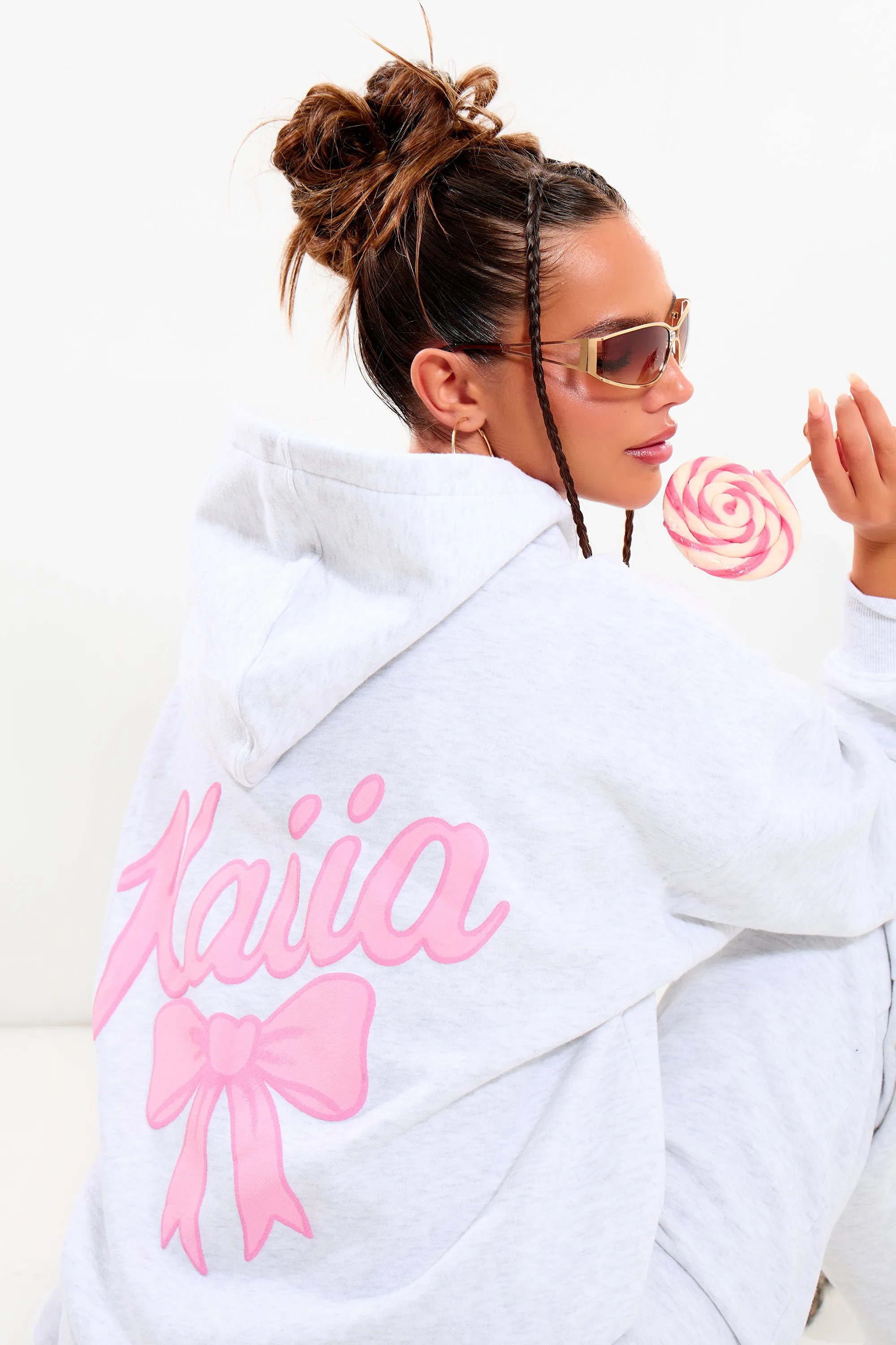 Kaiia Bow Graphic Oversized Hoodie Light Grey Marl & Pink sold by Kaiia the label product image thumbnail 5