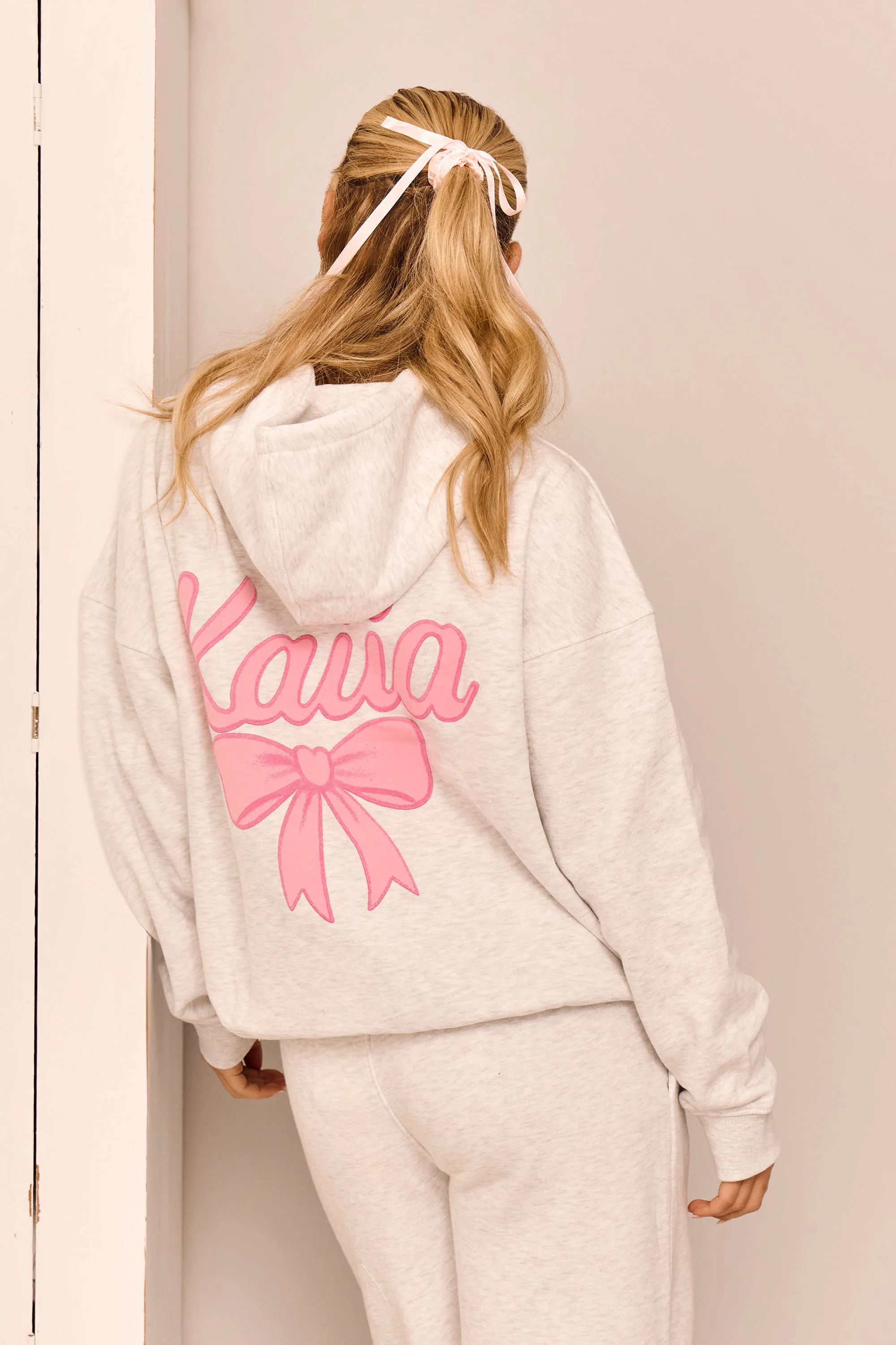 Kaiia Bow Graphic Oversized Hoodie Light Grey Marl & Pink sold by Kaiia the label product image thumbnail 4