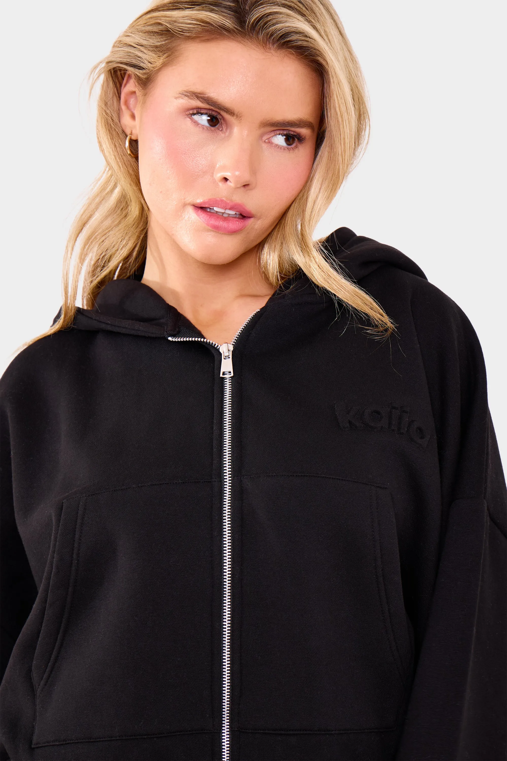 Kaiia Embossed Logo Oversized Zip Through Hoodie Black sold by Kaiia the label product image thumbnail 2