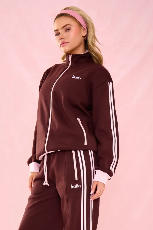 Kaiia Collared Boxy Zip Through Sweatshirt Chocolate & Pink made by Kaiia the label