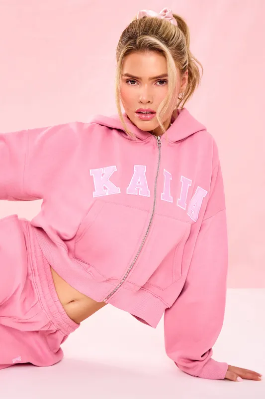 Kaiia Slogan Oversized Zip Through Hoodie Ribbon Pink made by Kaiia the label