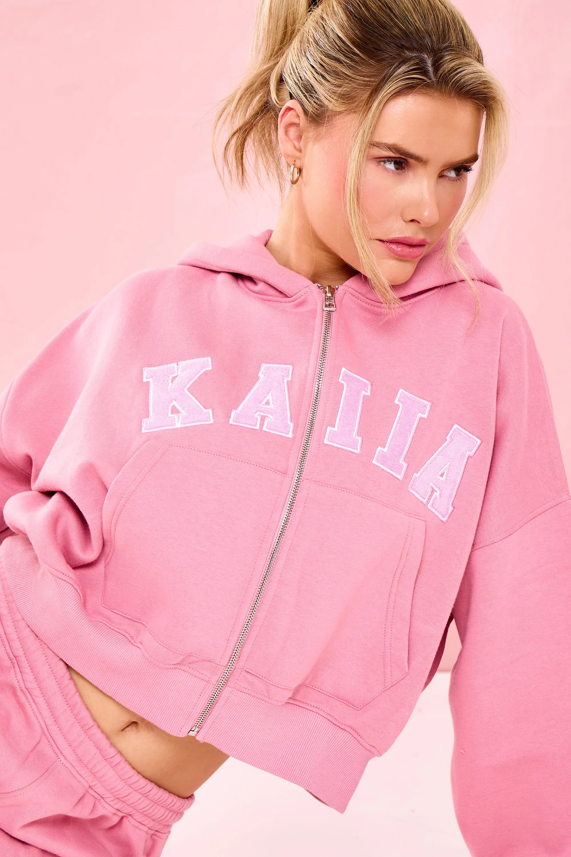 Kaiia Slogan Oversized Zip Through Hoodie Ribbon Pink sold by Kaiia the label product image thumbnail 5