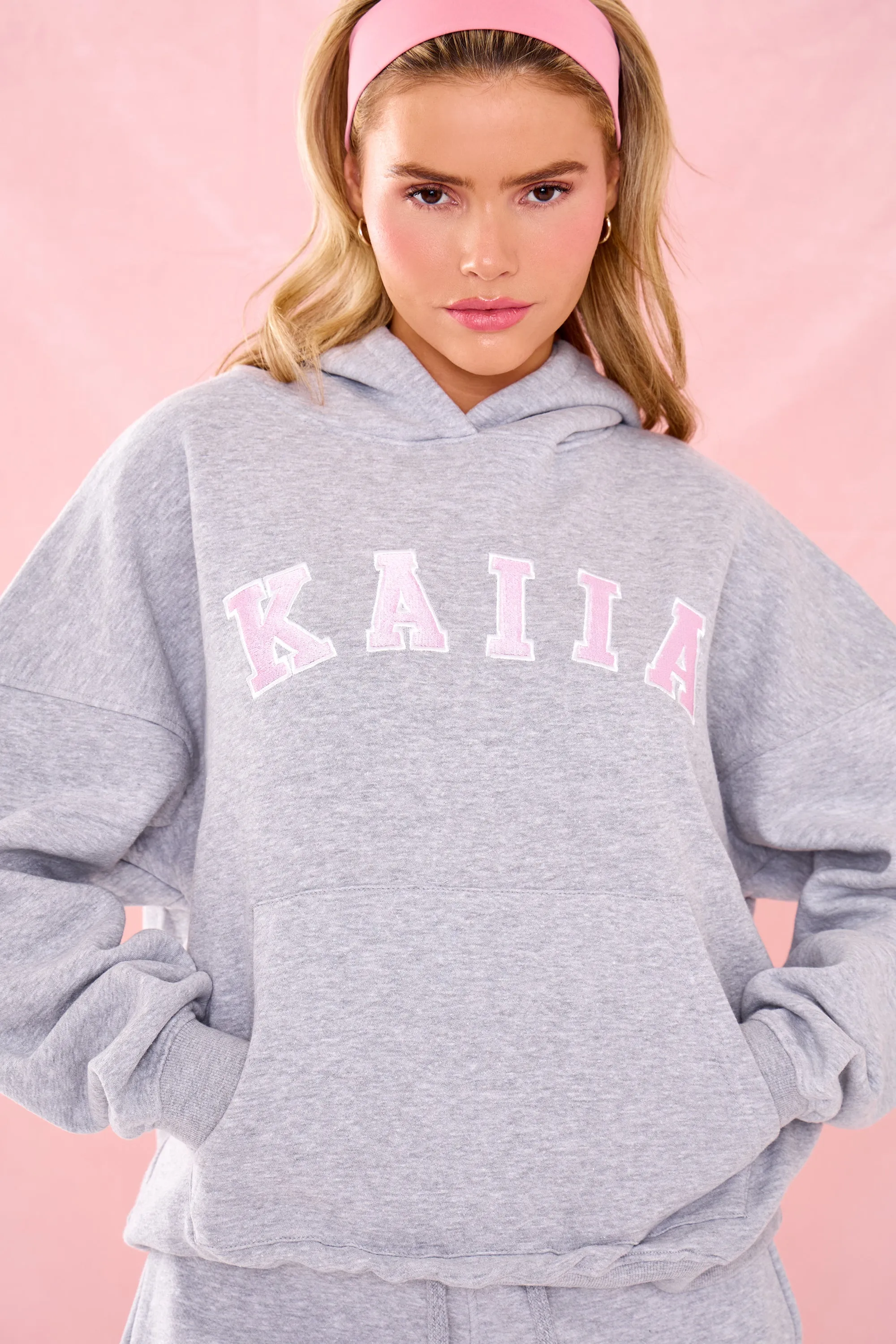 Kaiia Slogan Oversized Hoodie Grey Marl & Pink sold by Kaiia the label product image thumbnail 2