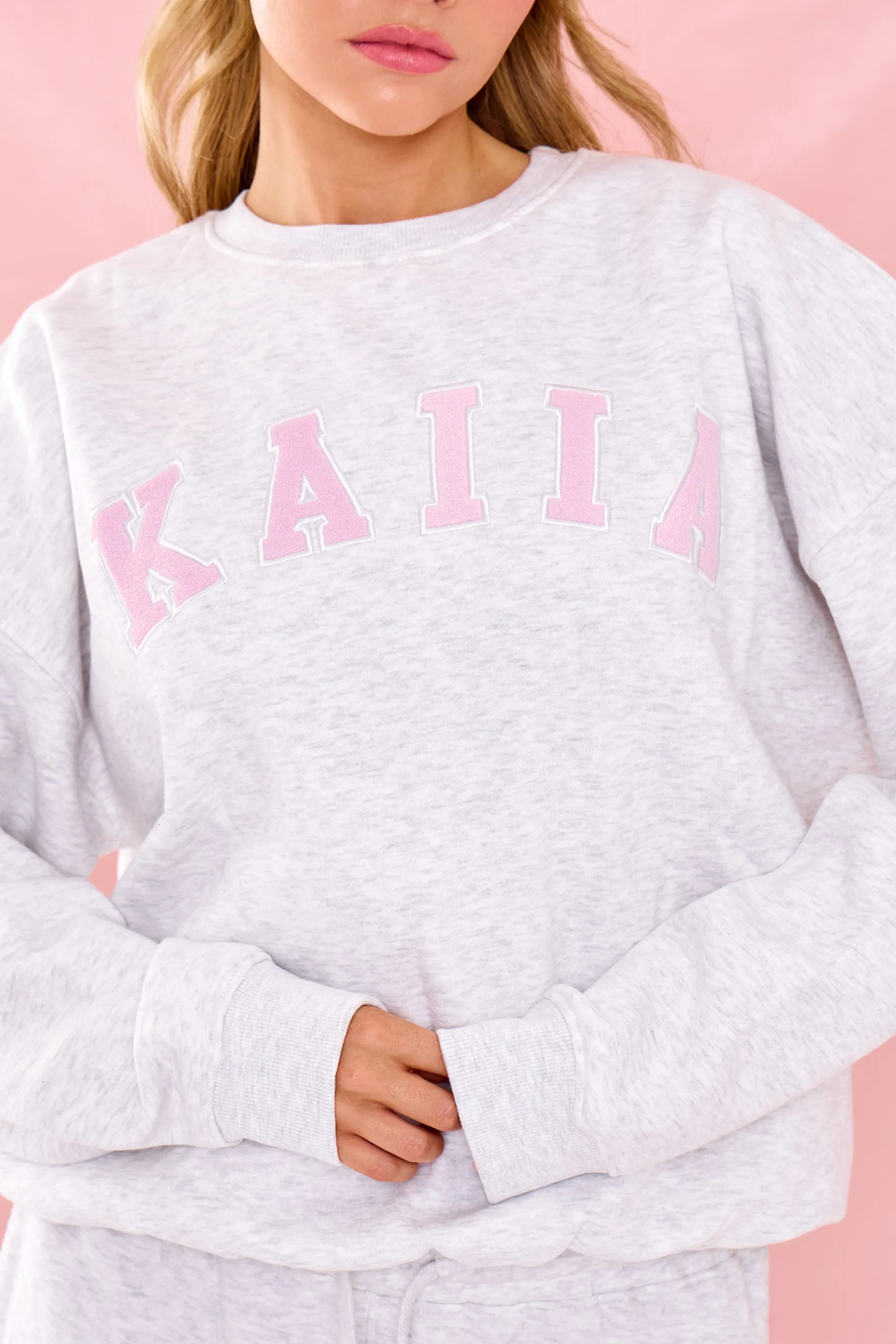 Kaiia Slogan Oversized Sweatshirt Grey Marl & Pink sold by Kaiia the label product image thumbnail 2