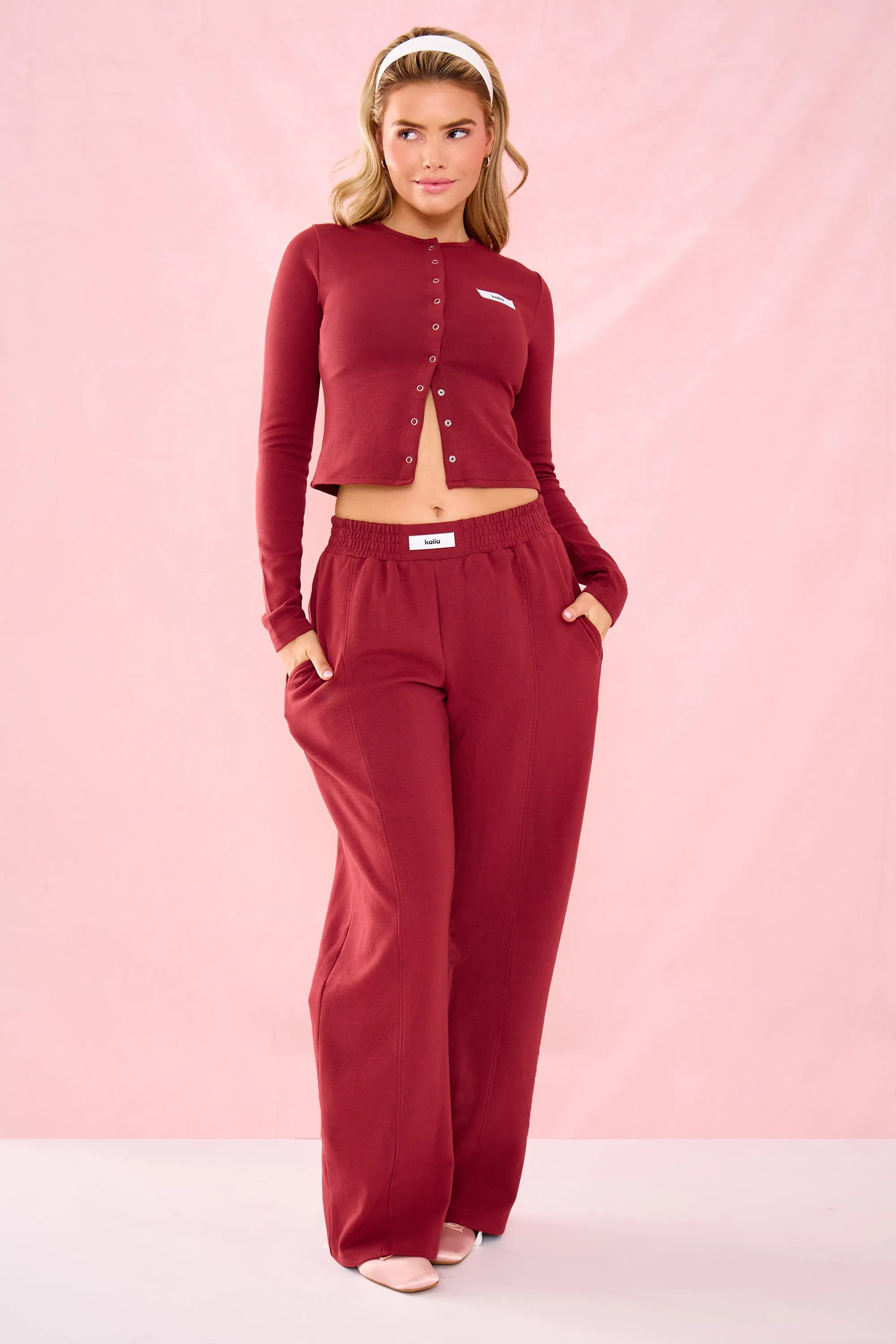Kaiia Label Logo Premium Interlock Seam Detail Wide Leg Joggers Warm Berry sold by Kaiia the label