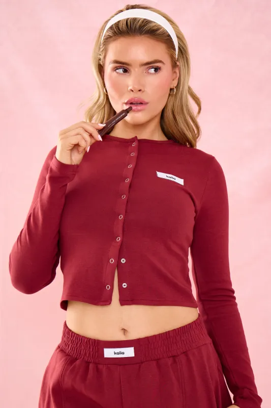 Kaiia Label Logo Premium Interlock Button Down Long Sleeve Top Warm Berry made by Kaiia the label