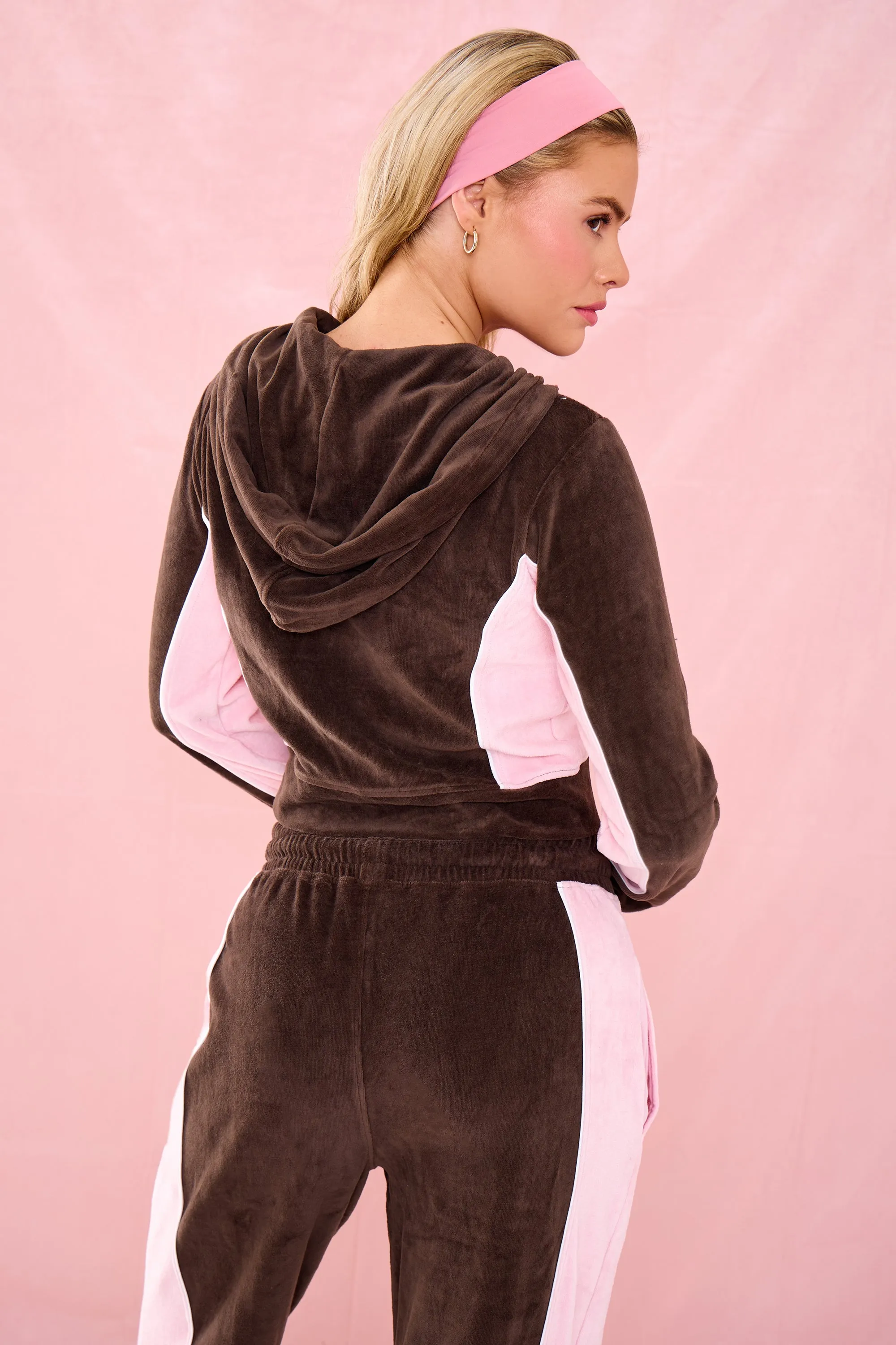 Kaiia Fitted Velour Zip Through Hoodie Bitter Chocolate & Pink sold by Kaiia the label product image thumbnail 5