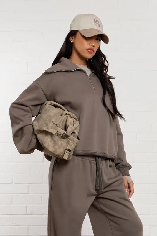 Kaiia Oversized Collar Quarter Zip Sweatshirt Slate Grey made by Kaiia the label