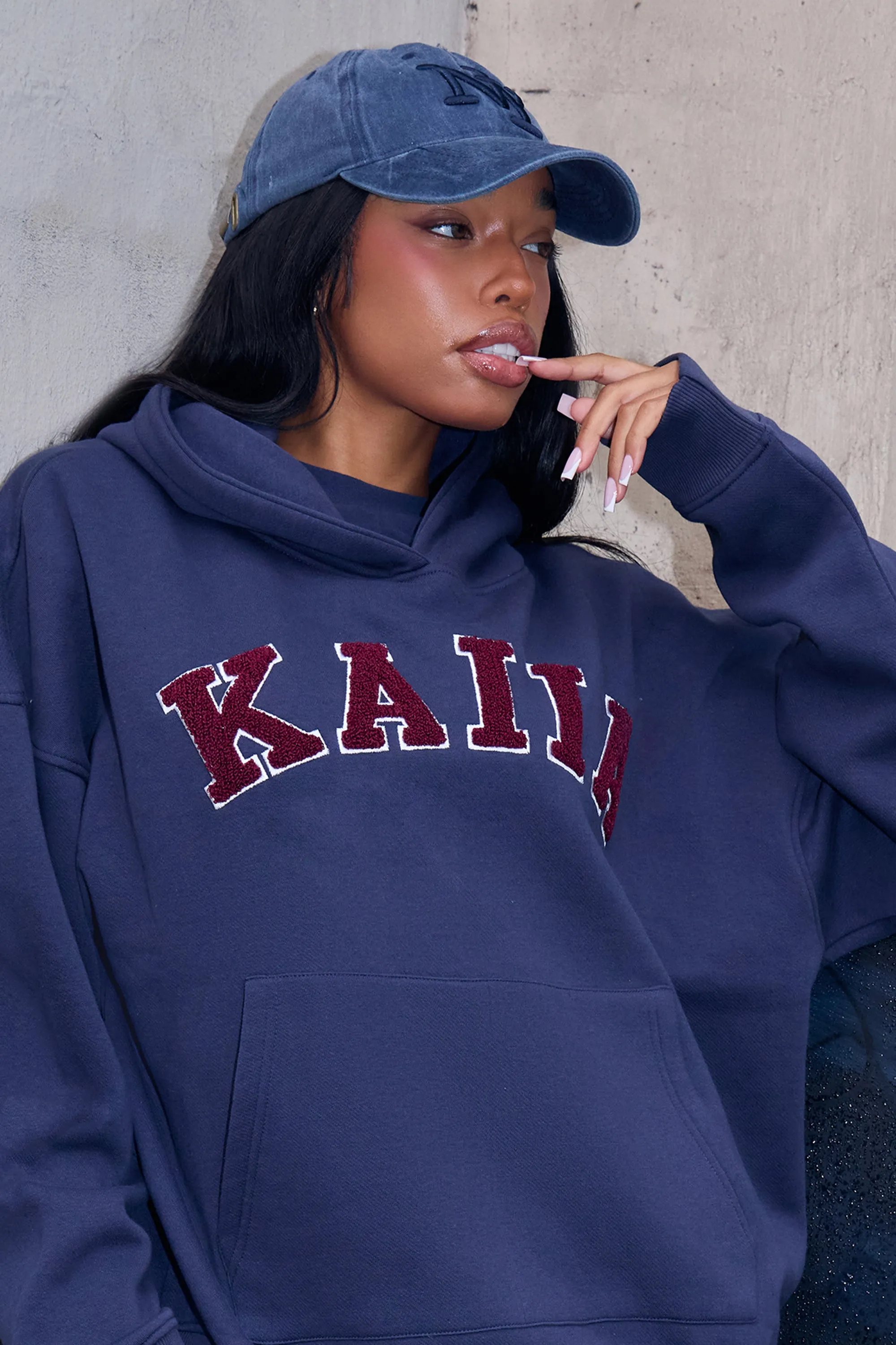 Kaiia Borg Slogan Oversized Hoodie Navy & Burgundy sold by Kaiia the label product image thumbnail 3