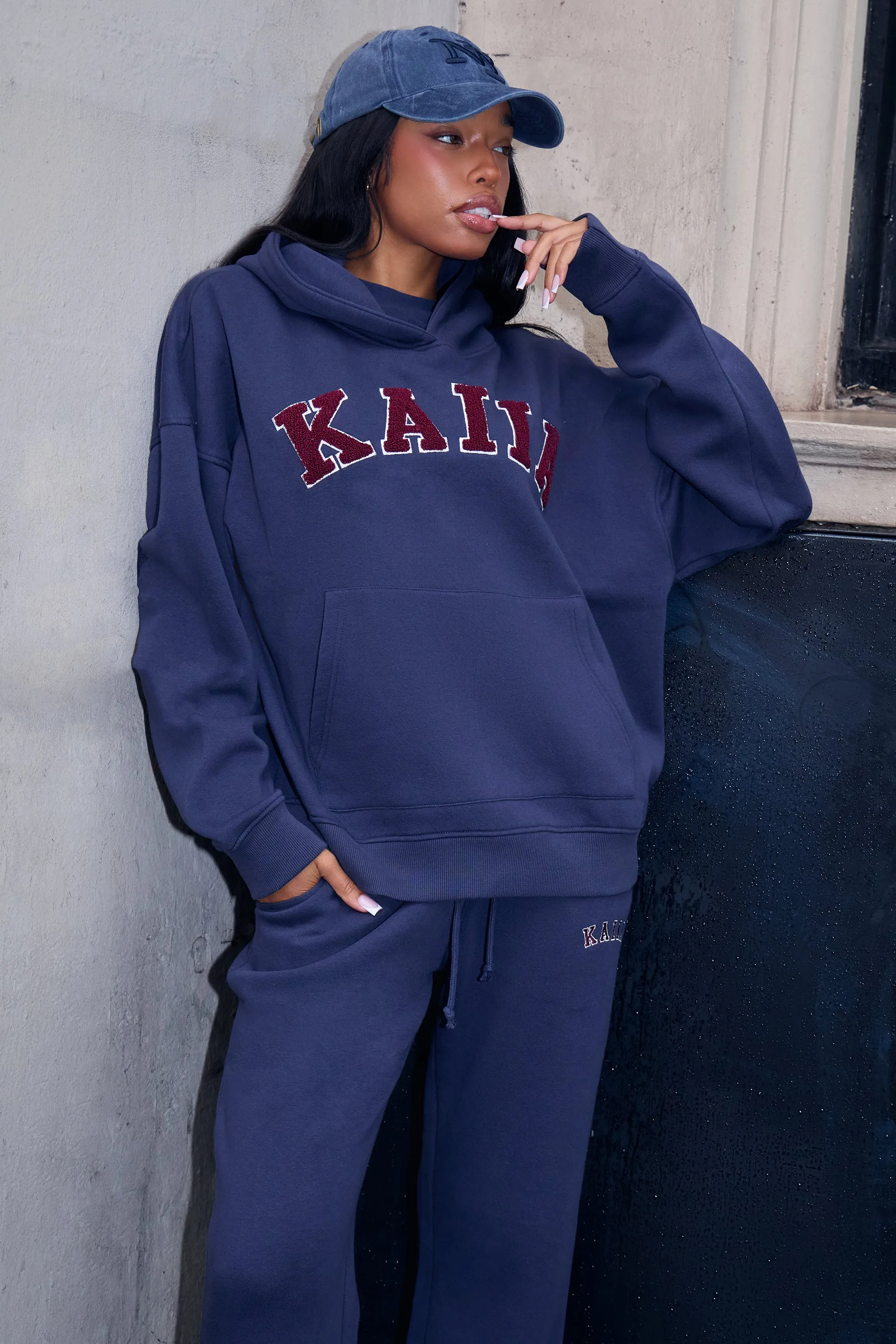 Kaiia Borg Slogan Oversized Hoodie Navy & Burgundy sold by Kaiia the label