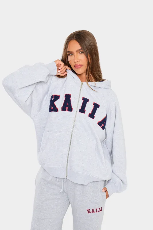 Kaiia Slogan Oversized Zip Through Hoodie Light Grey Marl & Red made by Kaiia the label