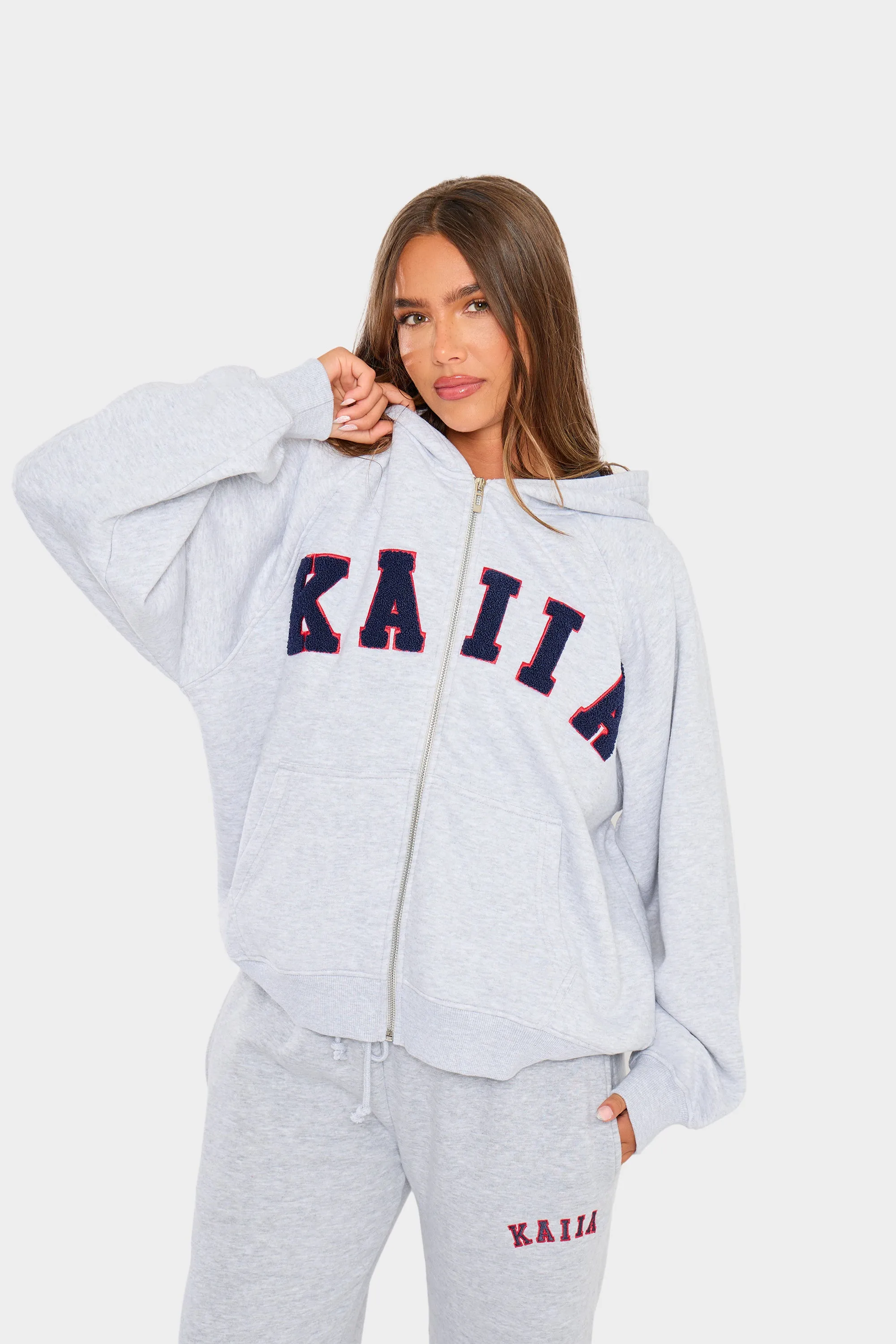 Kaiia Slogan Oversized Zip Through Hoodie Light Grey Marl & Red sold by Kaiia the label