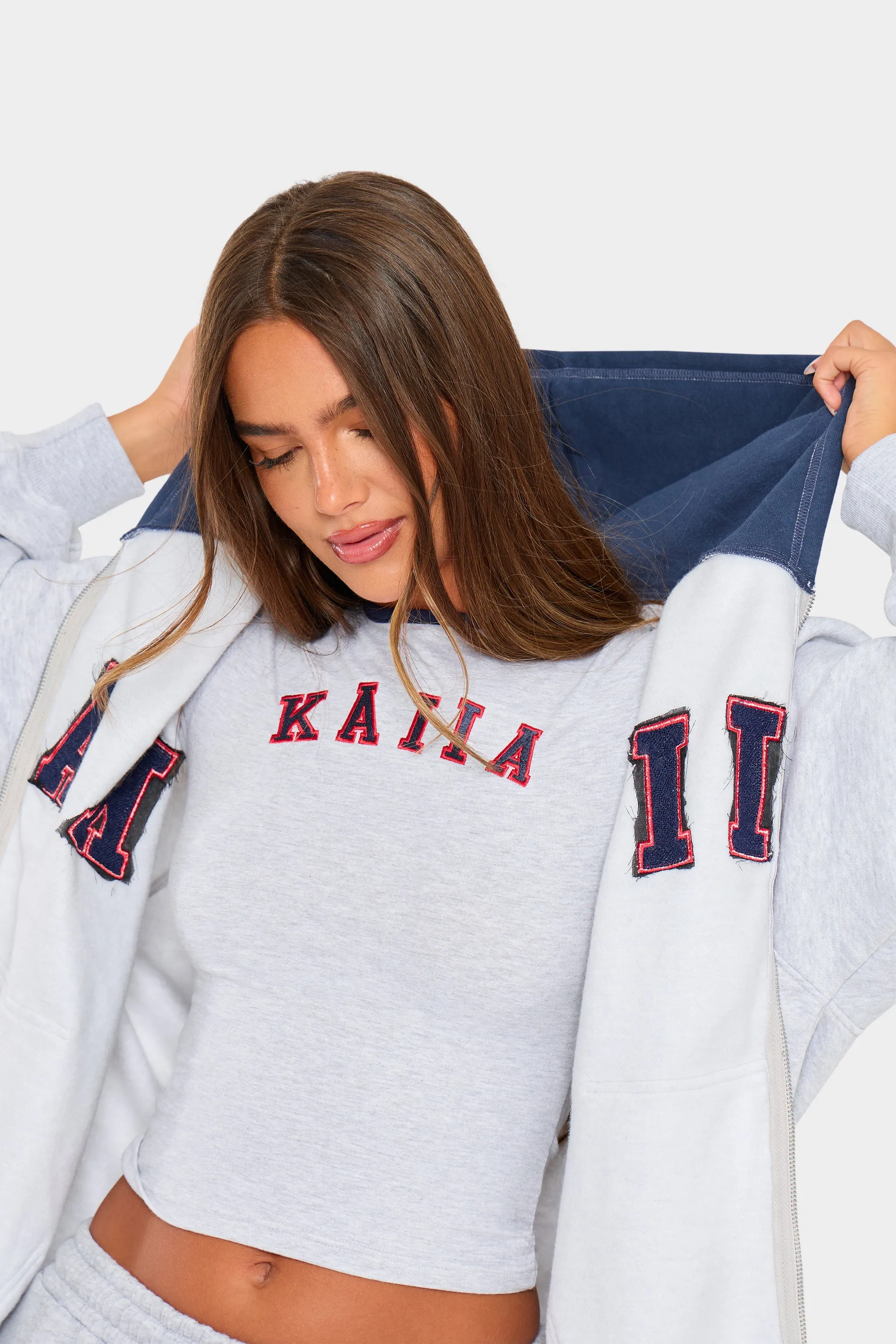 Kaiia Slogan Oversized Zip Through Hoodie Light Grey Marl & Red sold by Kaiia the label product image thumbnail 2