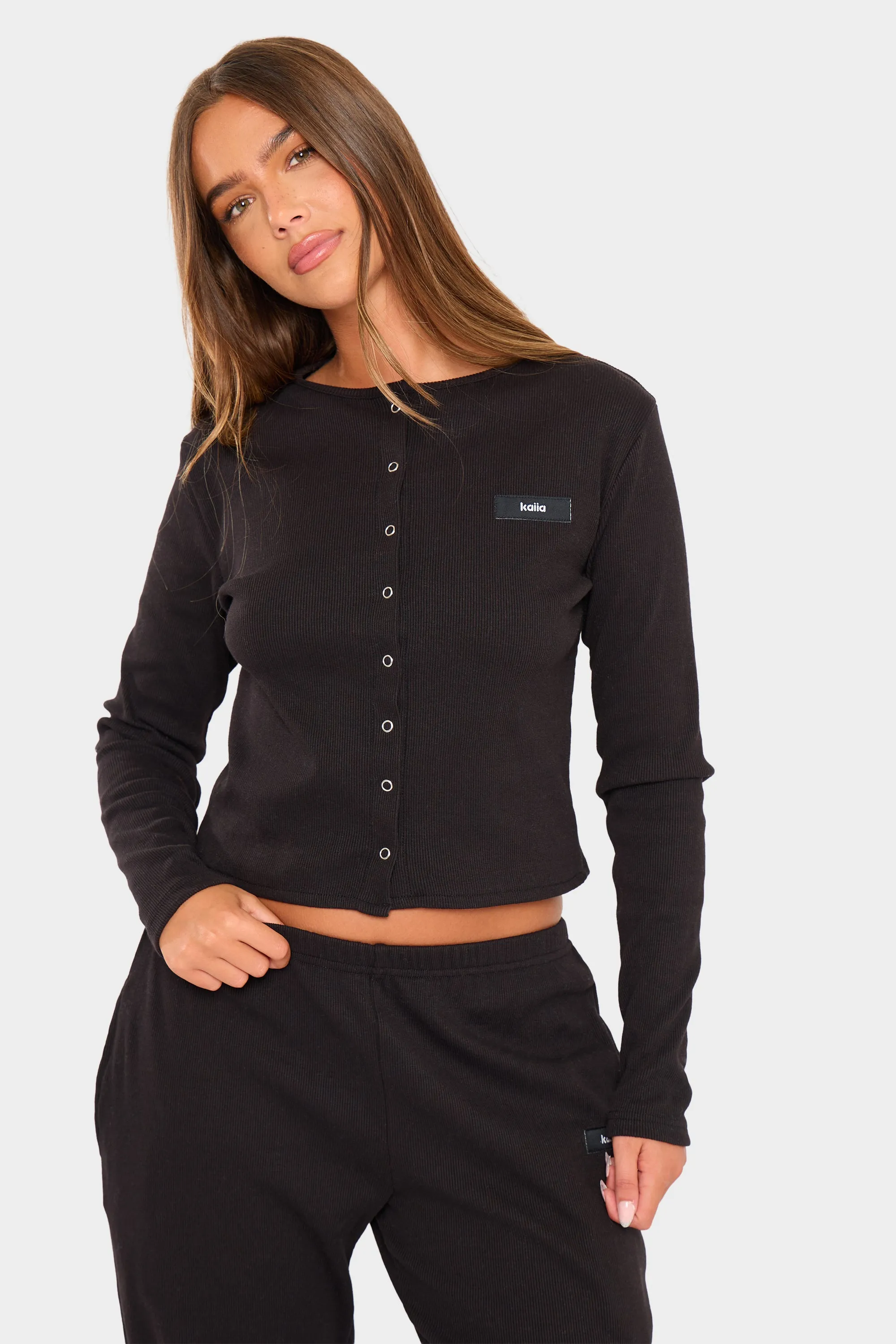 Kaiia Label Logo Rib Button Down Long Sleeve Top Black sold by Kaiia the label product image thumbnail 5