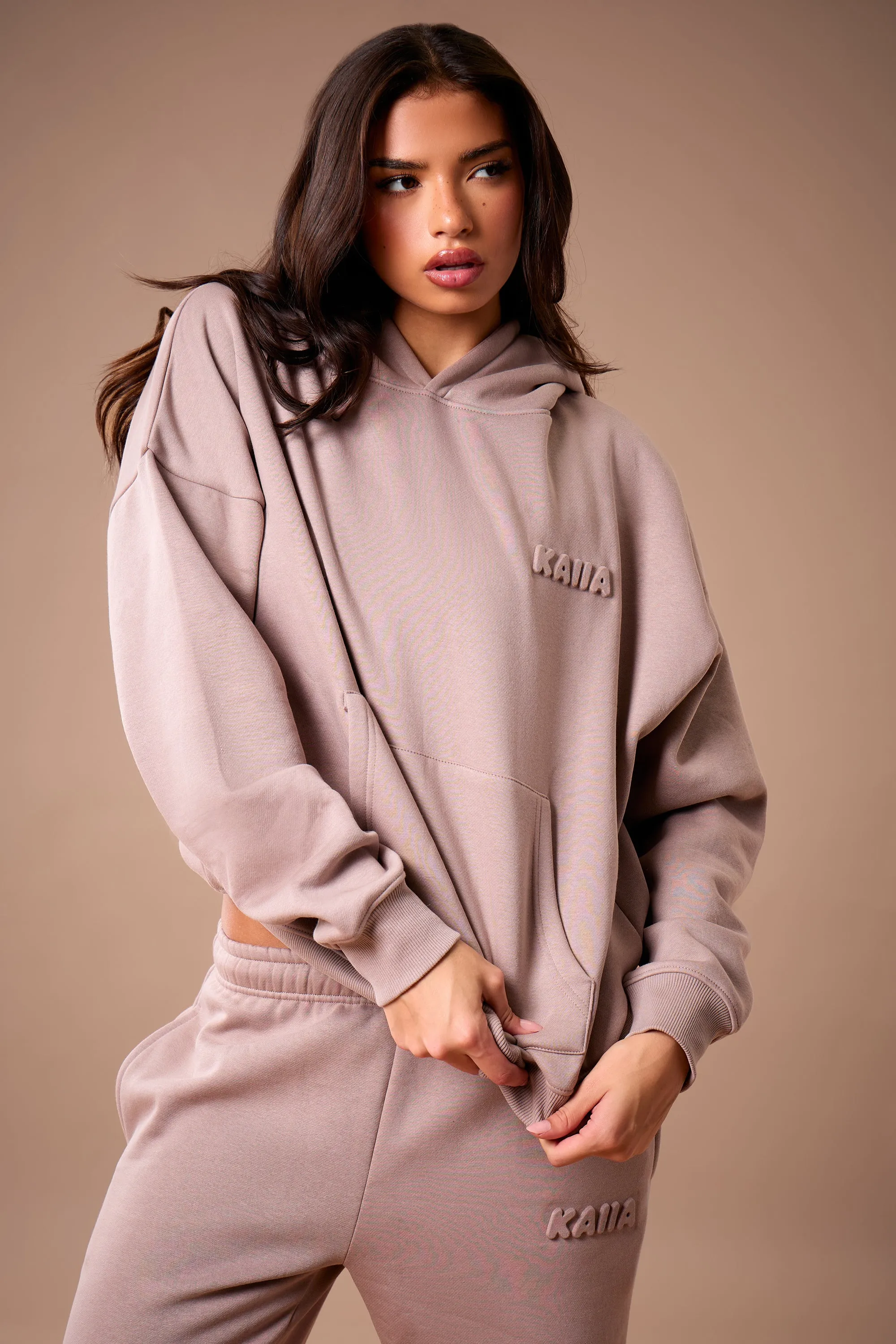 Kaiia Embossed Bubble Logo Oversized Hoodie Clay sold by Kaiia the label product image thumbnail 2